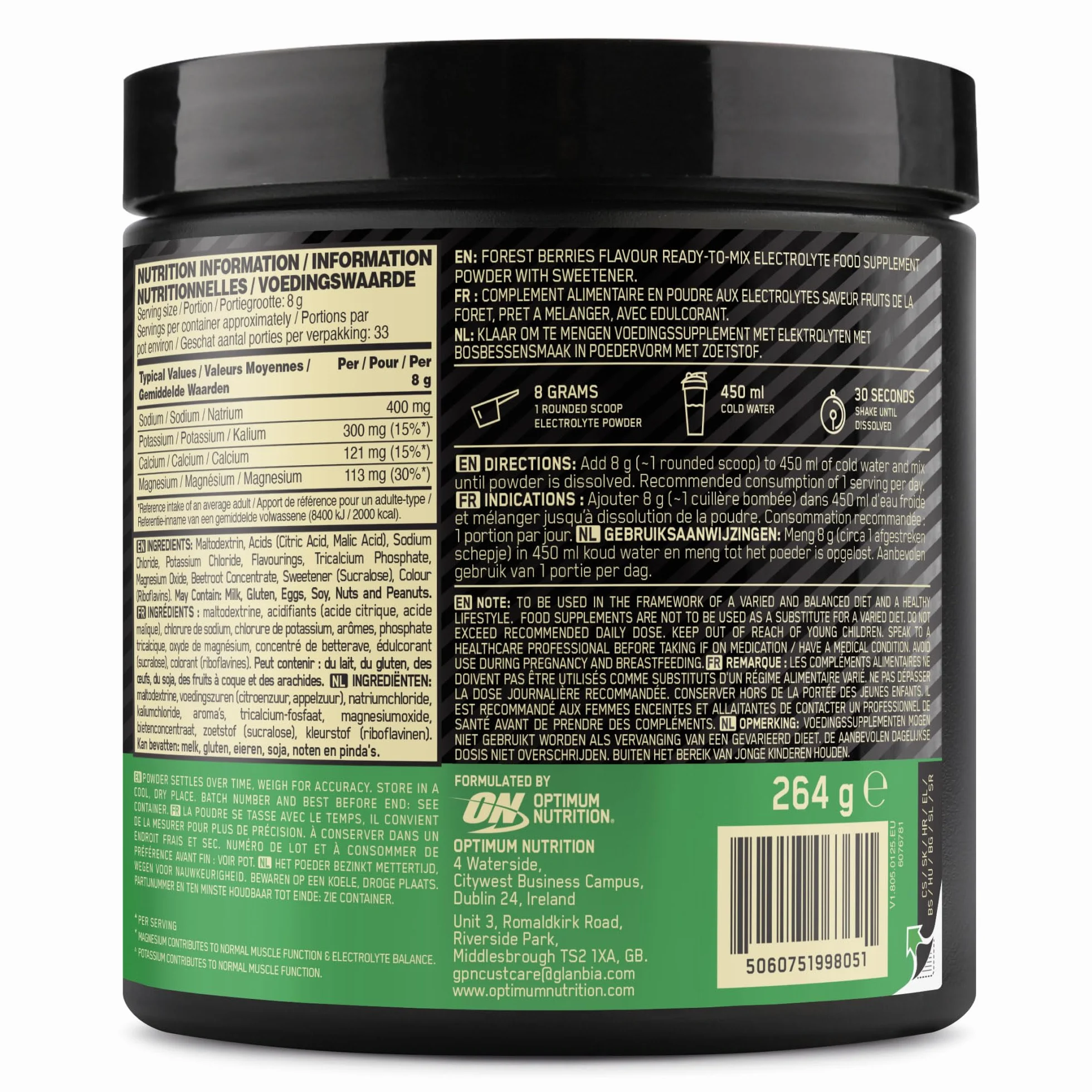 Optimum Nutrition Electrolitos en Polvo Frutos del Bosque 264 g 33 Raciones