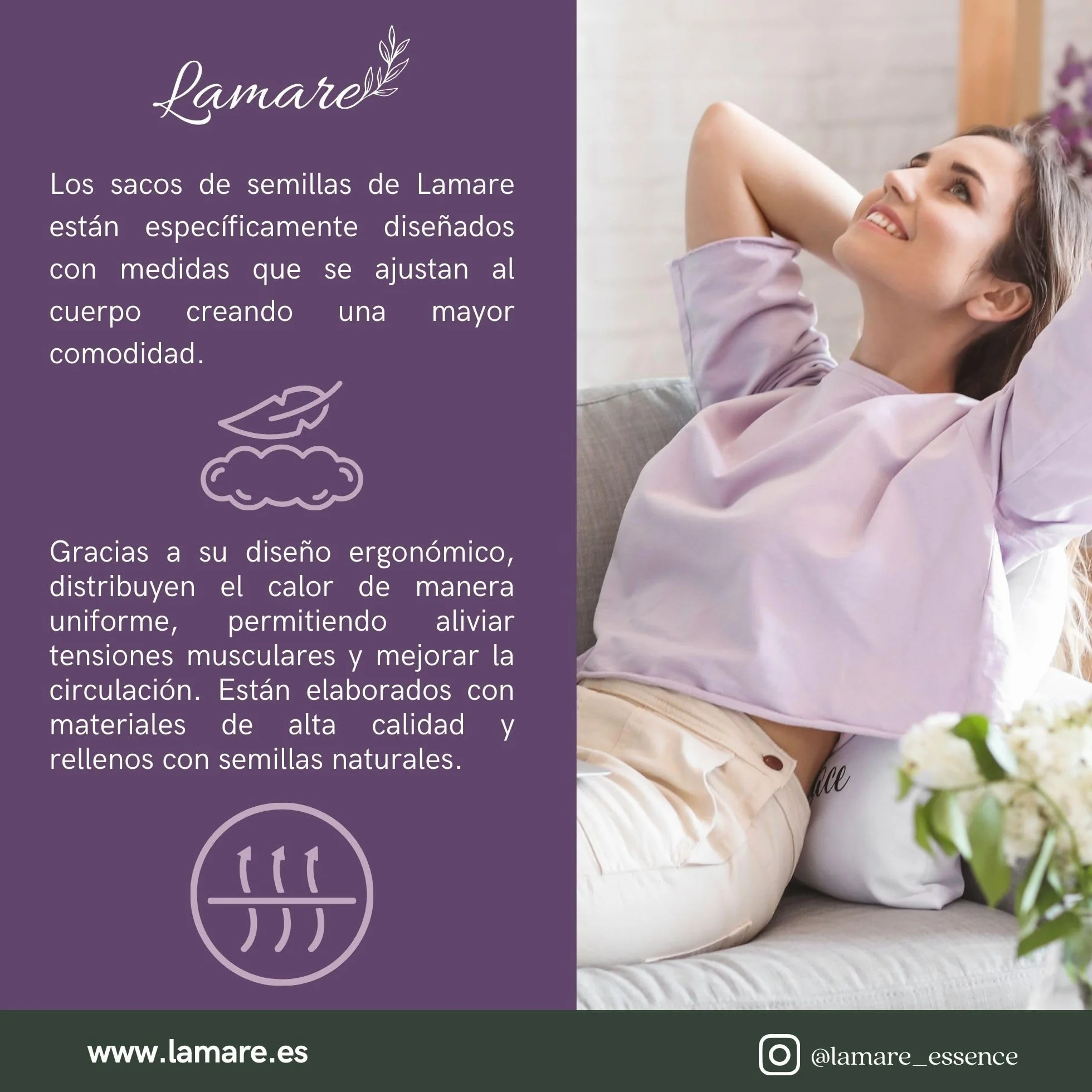 LAMARE Cojín Térmico de Semillas Microondas Trigo y Lavanda 48x15 cm Funda Lavable 100% Algodón
