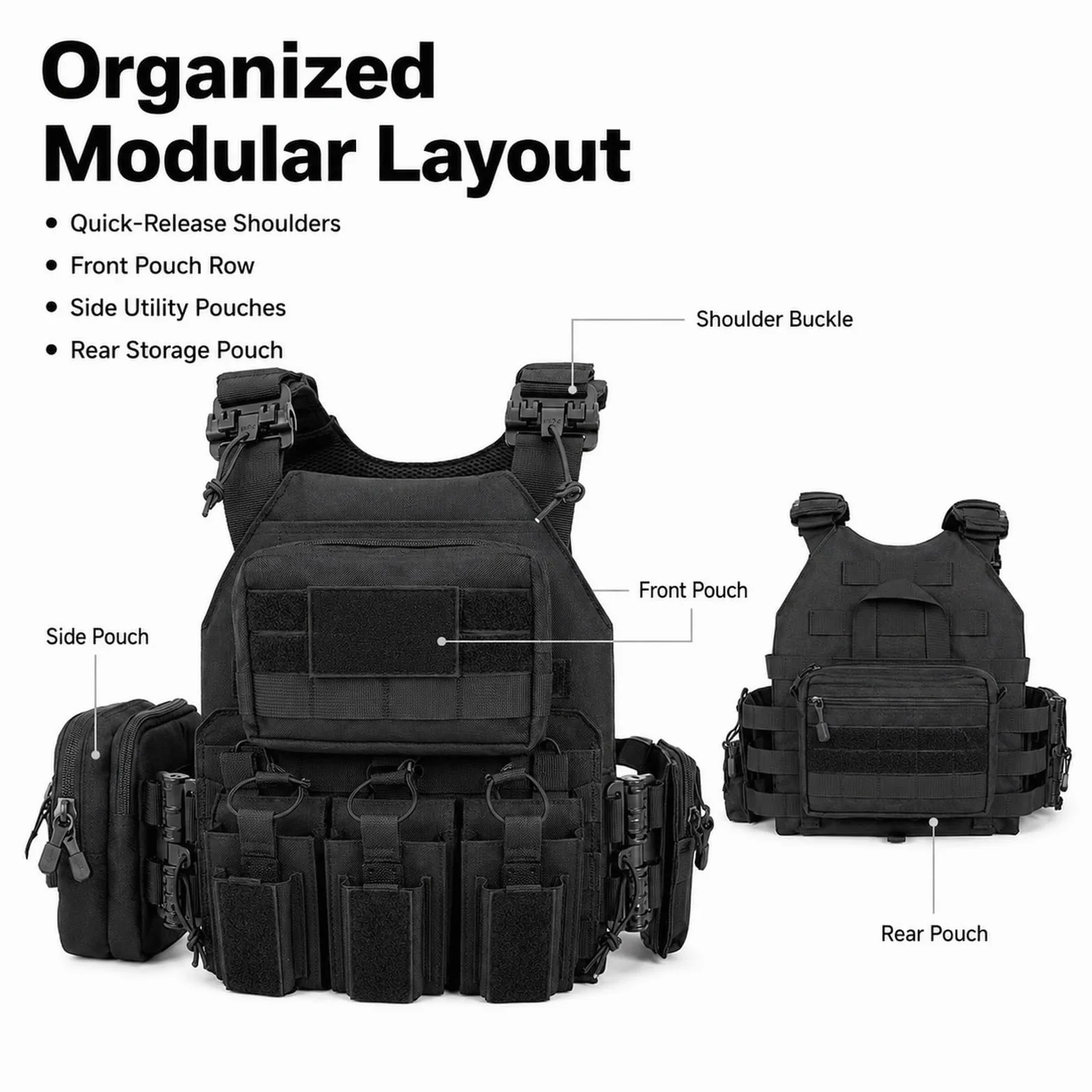 Genérico Arnes de Carga Modular Kit, Chaleco de Pecho Airsoft Ajustable | Incluye Base Bolsa Triple Bolsa Cuadrada Pequena Bolsa Smartphone Bolsa Radio y Bolsa Trasera de Carga Utilidades