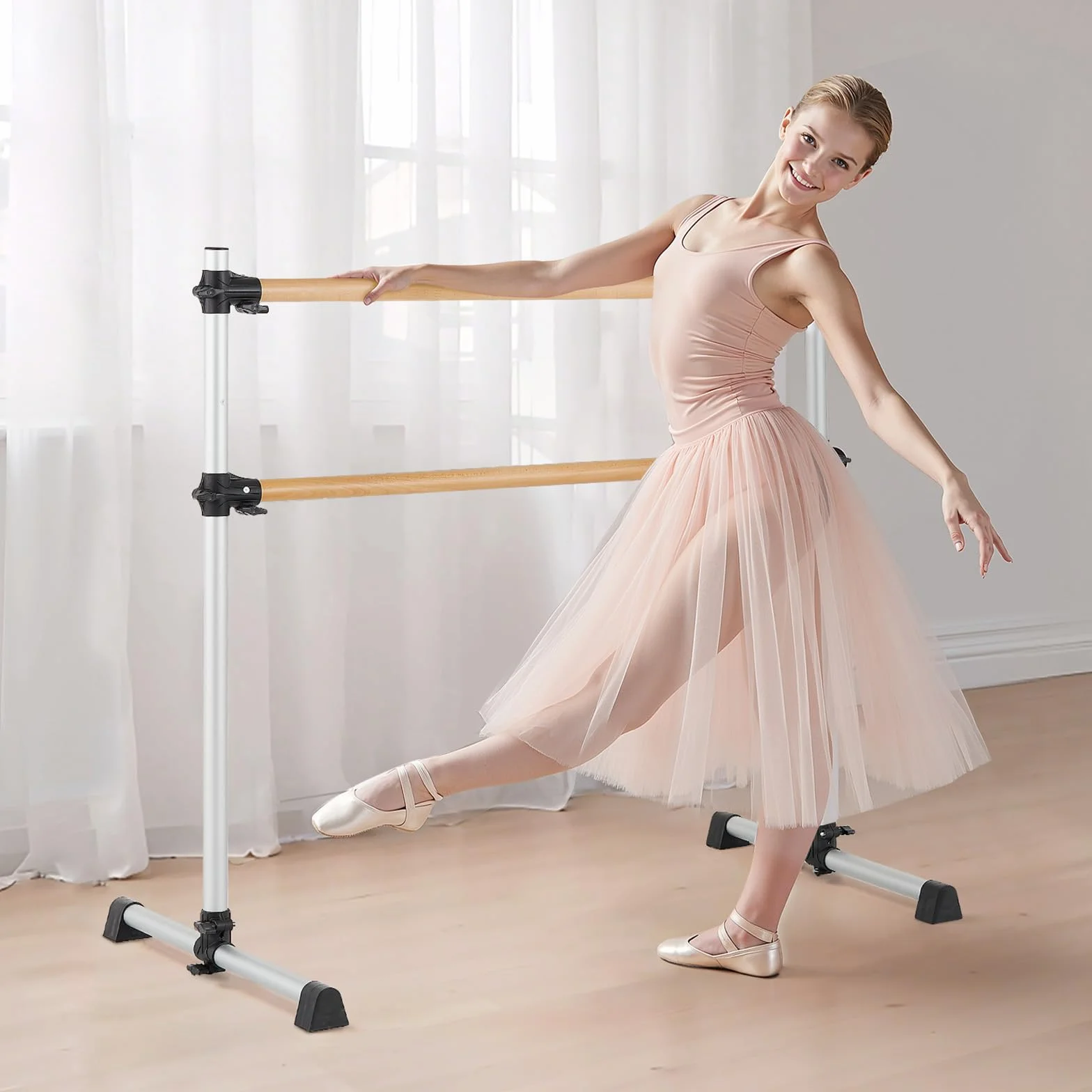 VEVOR Barra de Ballet Independiente Doble, Madera, Entrenamiento de Equilibrio, 1260x760x1180 mm, Carga 136 kg