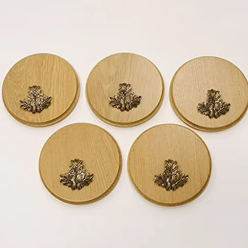 GTK Oferta 5 placas cuña redondas de roble claro AF 15 cm, tabla cuña, tabla de especias, placa para trofeos con 5 hojas de roble