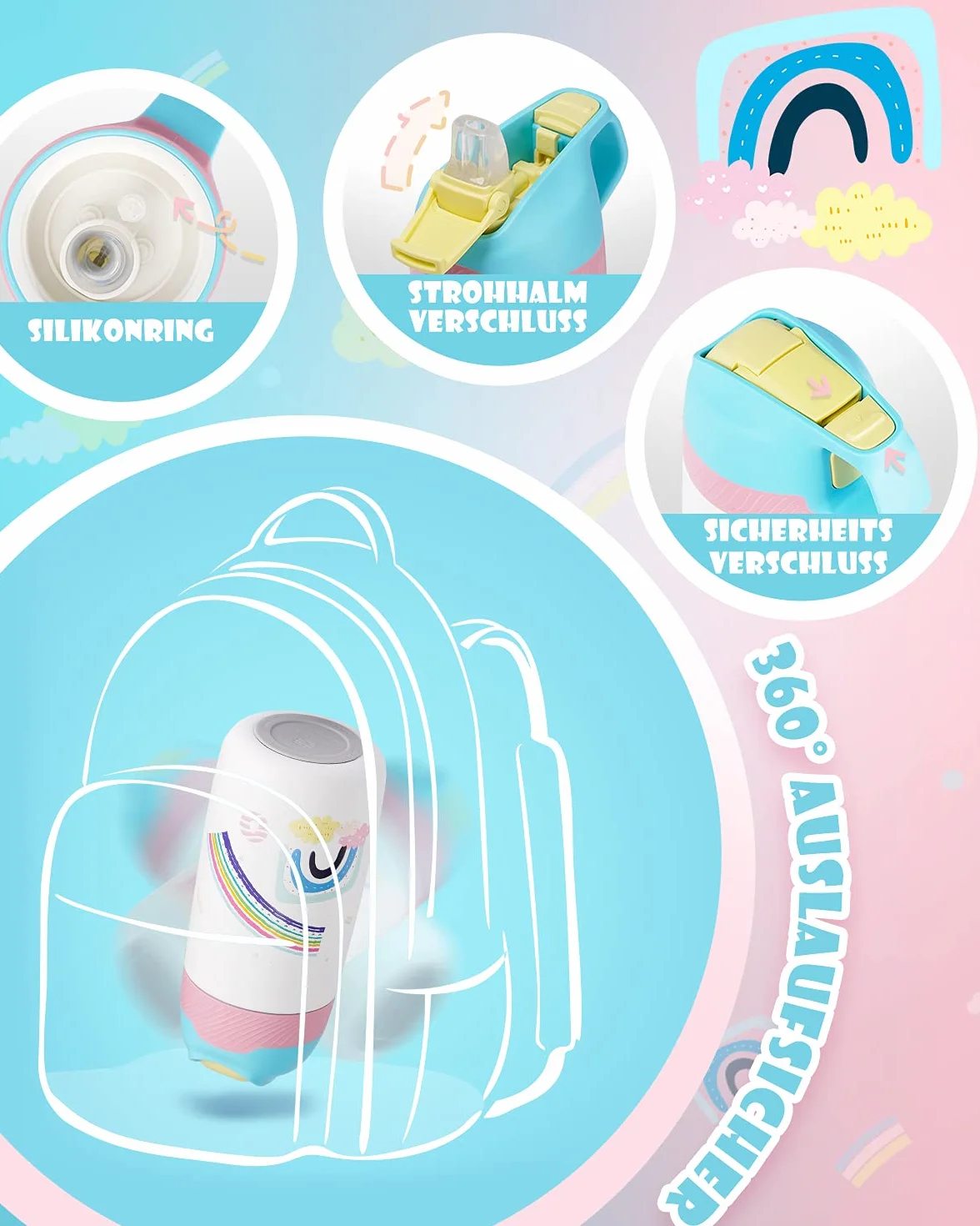 Fjbottle Niños 350ml Botella de Agua Acero Inoxidable con Pajita, Sin Fugas, sin bpa botella termica Reutilizable