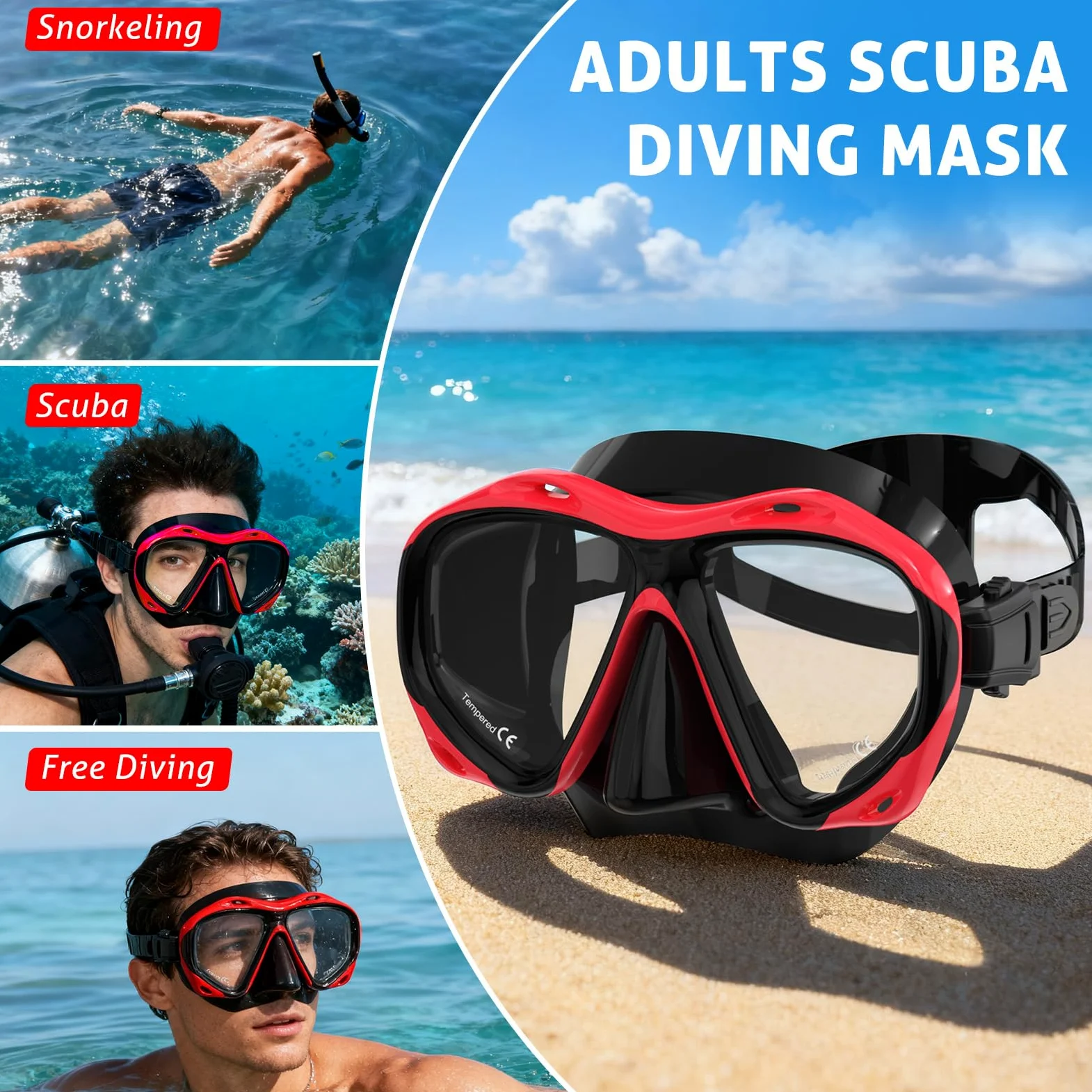 Máscara de Buceo para Adultos, antiempañamiento, Gafas de Buceo, Color Rojo