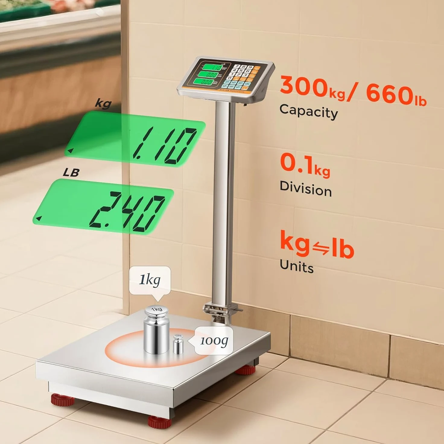 Bonvoisin Báscula de Plataforma Industrial 300kg/0,1kg, Plato Inox 52x42cm | Alimentación por Red/Batería, Báscula Suelo Resistente al Agua para Paquetes, Equipajes y Cartones