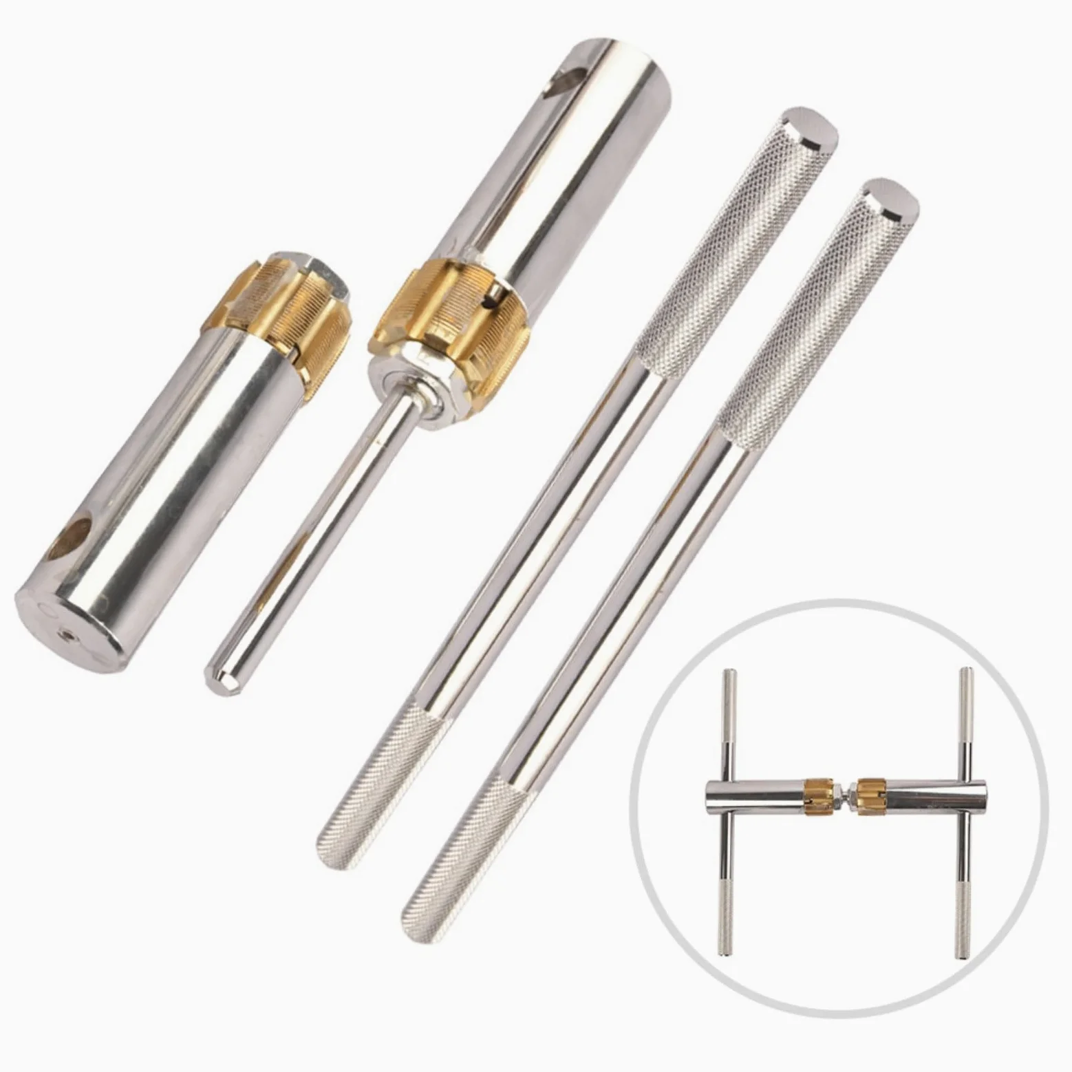 1 Unidades Bicicleta Pedalier Rosca Rosca Herramienta con Machos Reemplazables para Fresado e Inspección, Mango Antideslizante, Acero Inoxidable, Plata+Oro para Reparación de Ciclismo