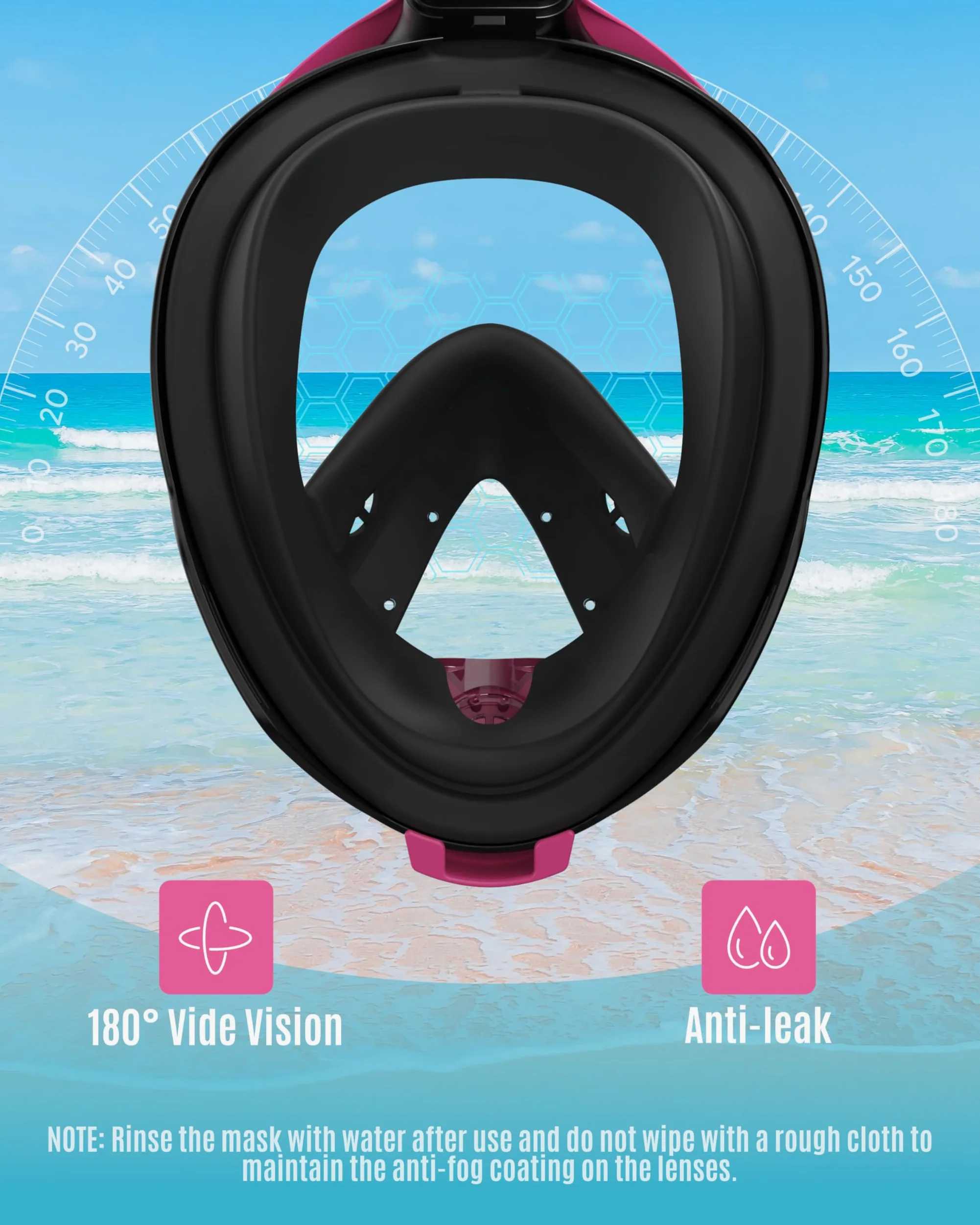 G2RISE Máscara de esnórquel para adultos, máscara completa con soporte para cámara extraíble, absolutamente seguro para el CO2 (negro, rosa, XL)
