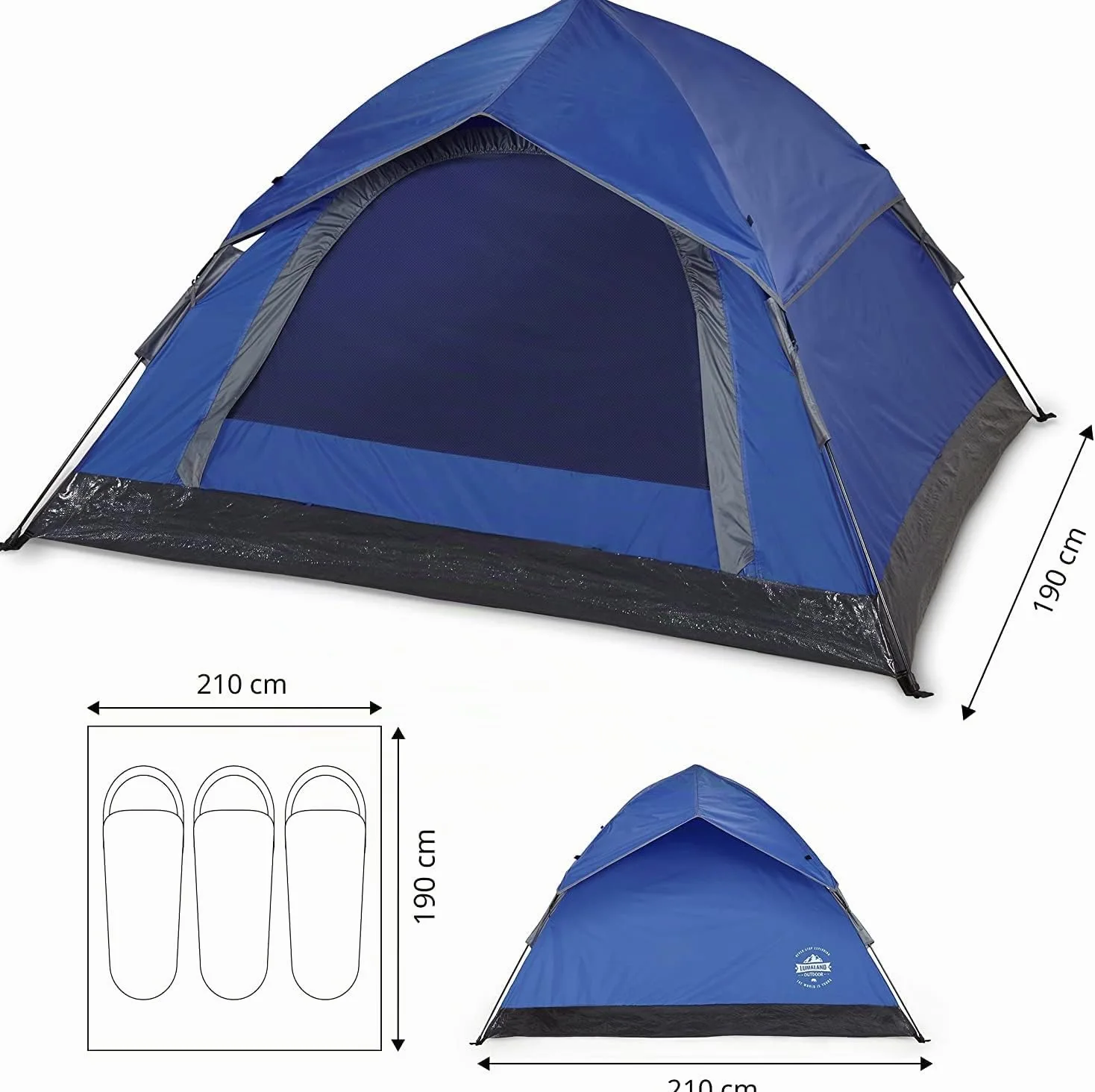 Lumaland Tienda de campaña desplegable | Tienda de campaña para 2-3 Personas 215 x 195 x 120 cm | Tienda de campaña iglú para 4 Estaciones | Tienda de campaña para Senderismo y Festivales al Aire