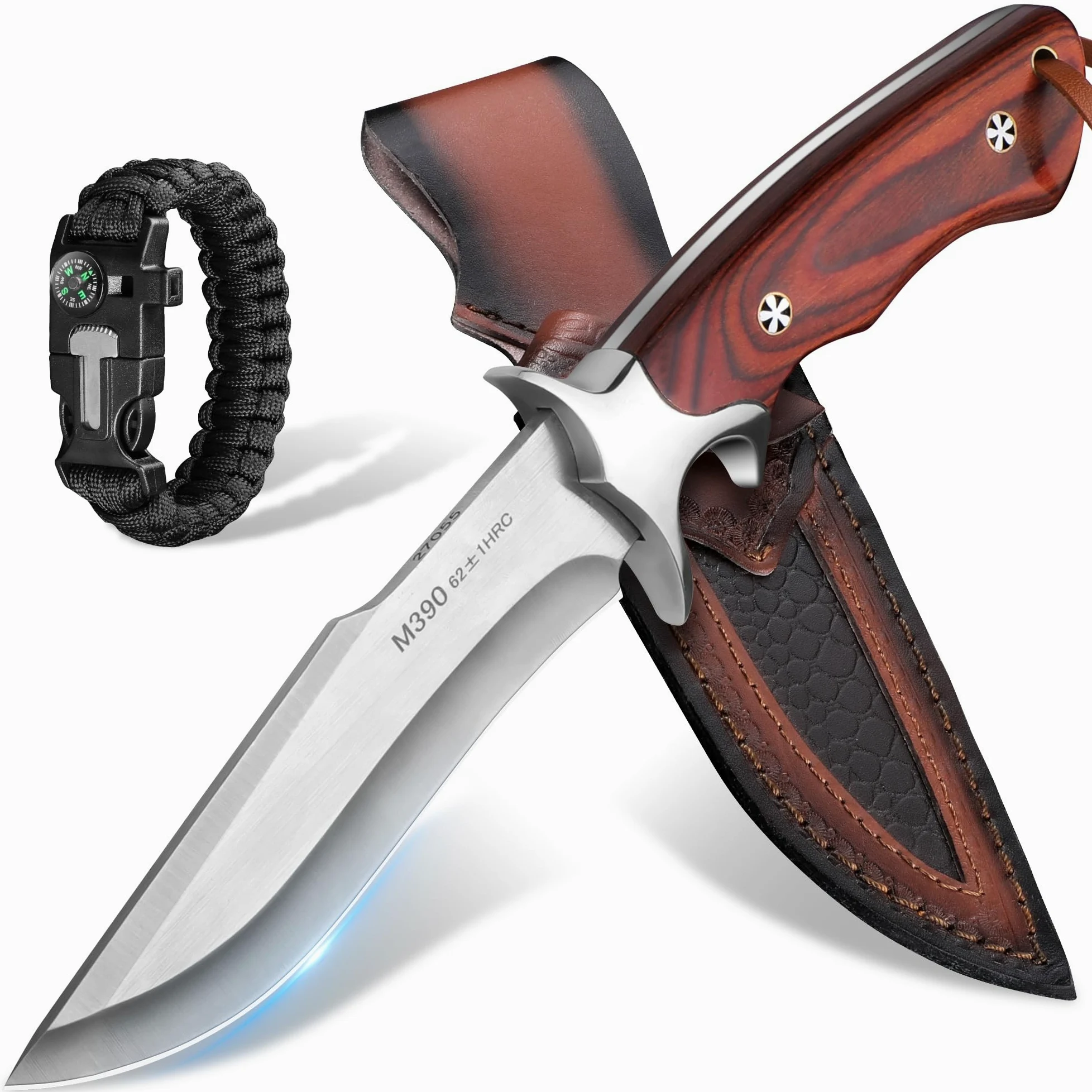 Plys Cuchillo Caza Cuchillo Supervivencia: Cuchillo de CinturóN de Hoja Recta Con Funda de Cuero,Pulsera de Paracord,Mango de Madera,Regalos Para Hombres
