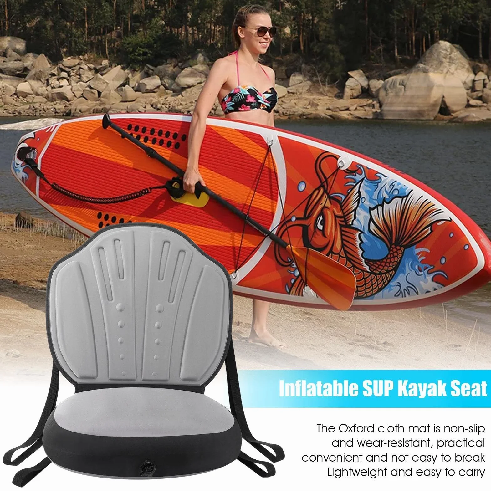 Cojín de asiento inflable para kayak impermeable con respaldo, tela Oxford