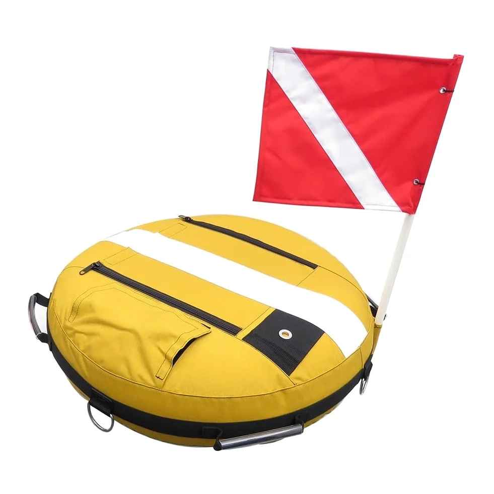 Boya de seguridad inflable para buceo libre y buceo con nailon recubierto, válvula de alivio de sobrepresión y cinco anillos de fijación de acero inoxidable (rojo)