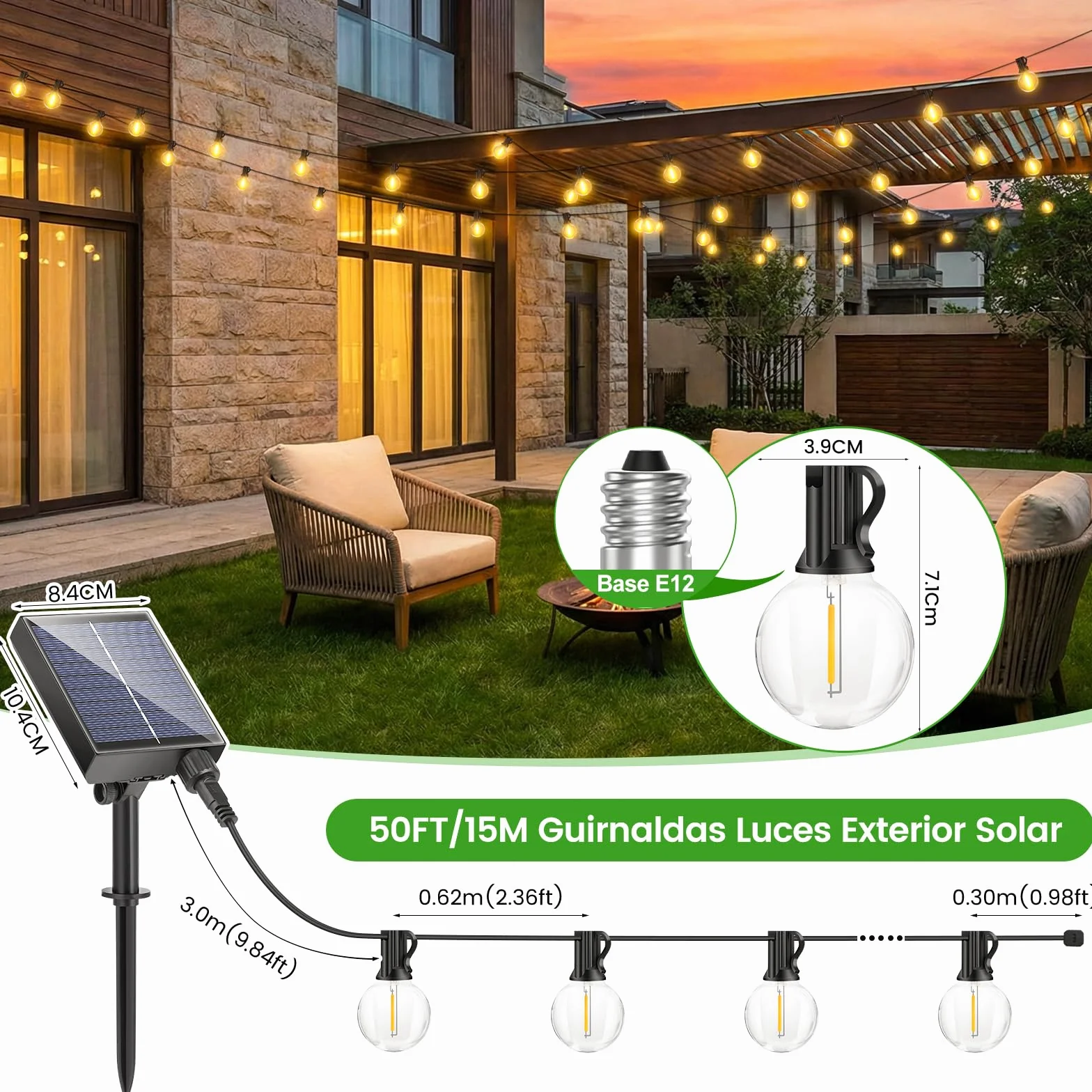 Solares Guirnalda Luces Exterior Jardin 15M LED Regulable Control Remoto G40