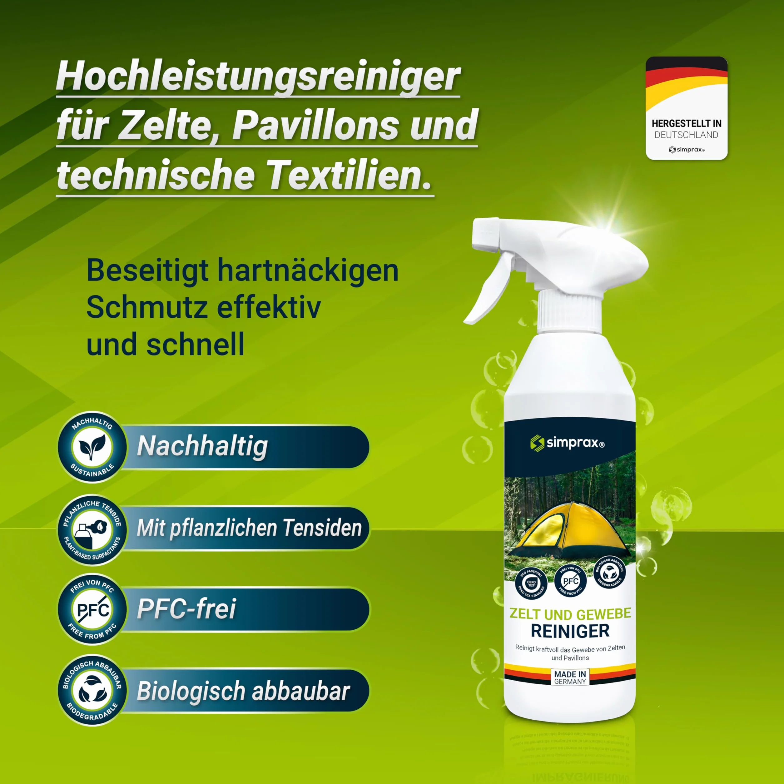 Limpiador Para Toldos y Tejidos, Tiendas de Campaña, Muebles de Jardín & Lonas – PFC & Biodegradable – Detergente Elimina Moho Algas Verdes Excrementos & Manchas - 500ml