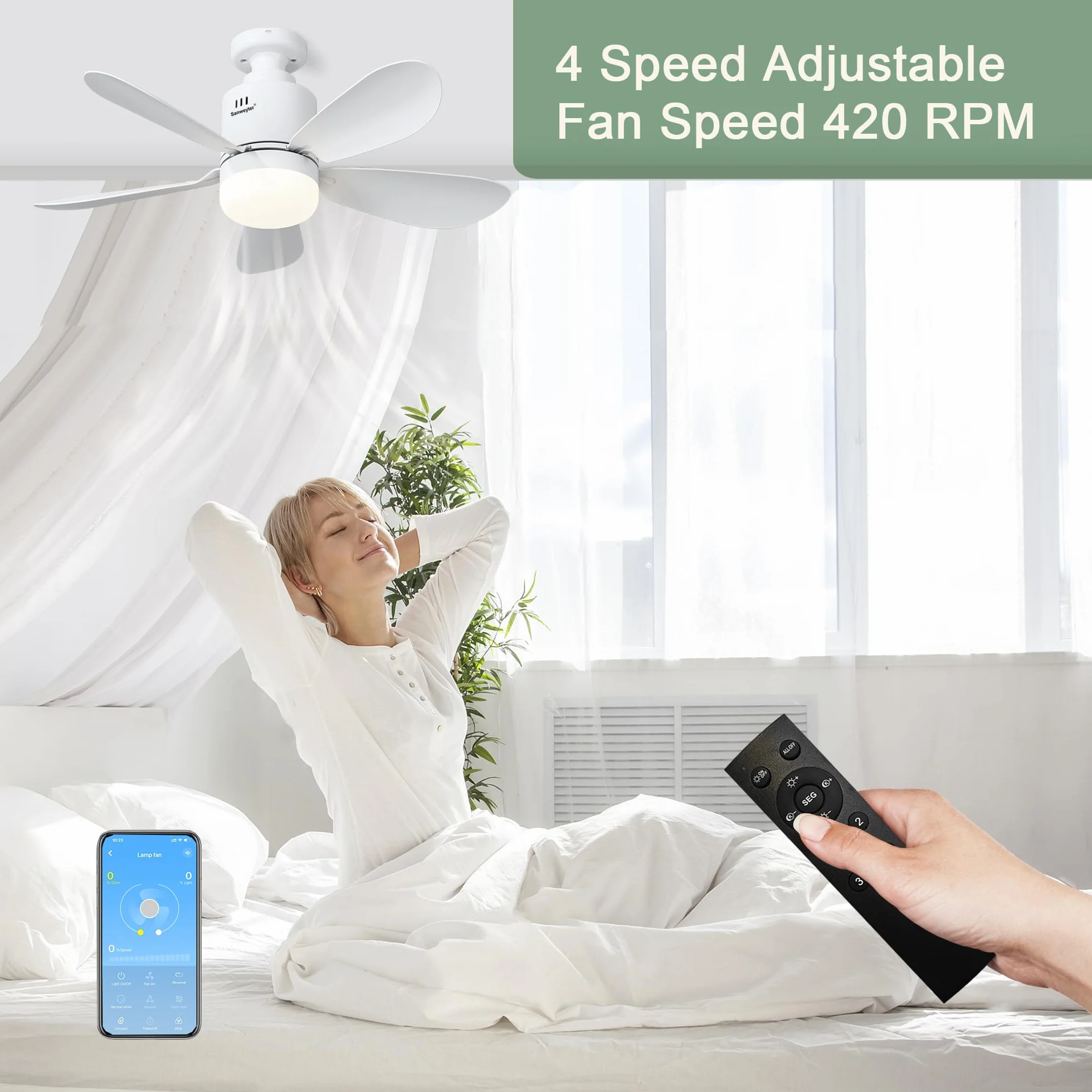 Ventilador de Techo con LED, Mando a Distancia 24W 53cm 3 Tonos Luz 4 Velocidades