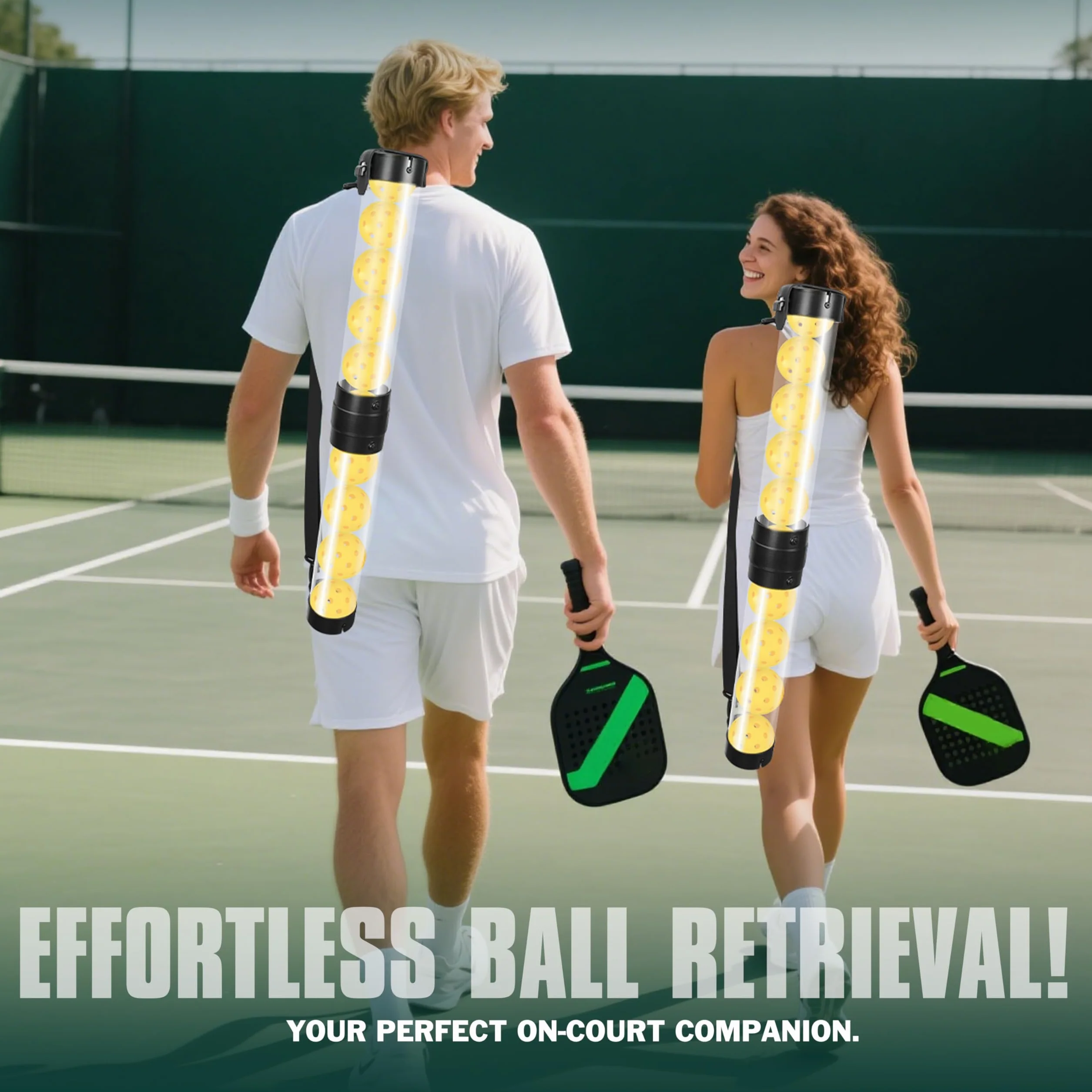 Hikeen Tubo Recuperador Pickleball con 5 Pickleballs, Pickleball Set Portátil con Correa Ajustable para Entrenamiento Pickleball, Accesorios Pickleball para Transportar y Almacenar