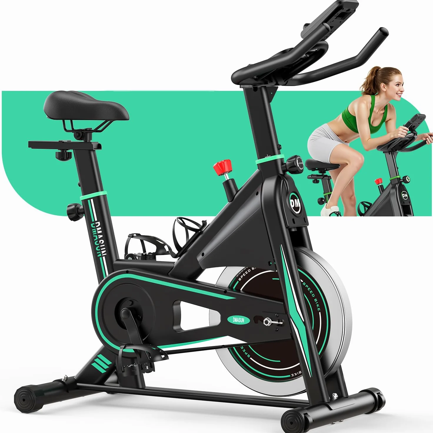 DMASUN - Bicicleta estática silenciosa, 0-100% resistencia ajustable, bicicleta interior para entrenamiento cardio con pantalla LCD, soporte para tableta, asiento cómodo, capacidad 160 kg
