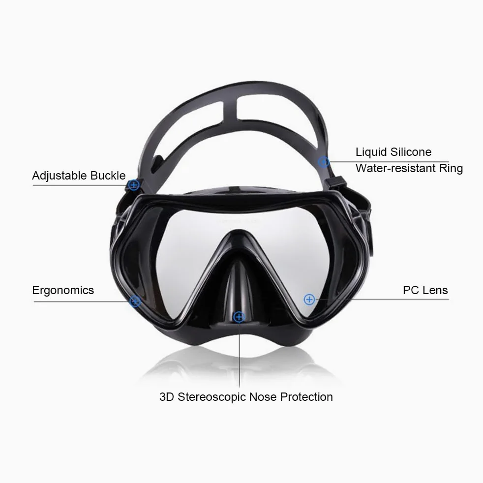 ACAGALA Gafas de buceo, tres ventanas, máscara de buceo de alta claridad con tubo de snorkel completamente seco y aletas ajustables para equipo de buceo para hombres y mujeres