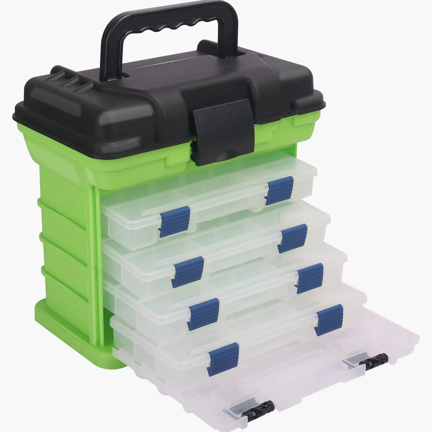 Caja de aparejos de pesca, caja de pesca de 4 capas, cajas de aparejos, almacenamiento superior de acceso rápido con tapa para equipo de pesca y accesorios, (verde) KUKLIPJIM