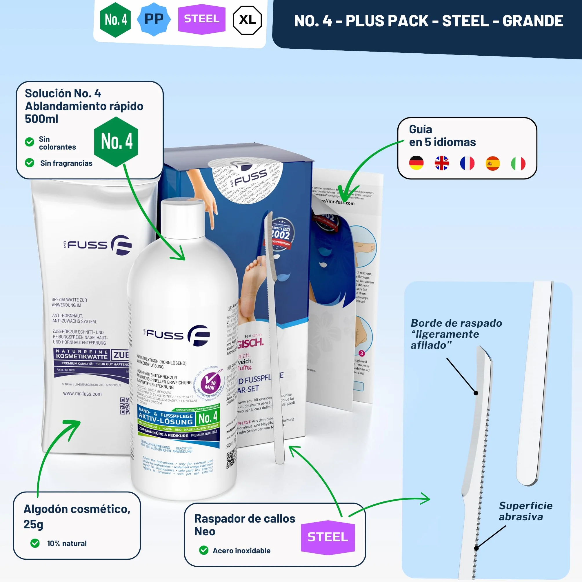 Mr. Fuss Eliminador de cutículas N.º 4 Plus Pack Steel 3 piezas 500 ml acero inoxidable