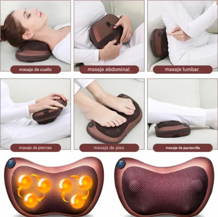 Cojín de Masaje SHIATSU Eléctrico con Calor y Terapia Magnética, Masajeador Cervical, 4 Rodillos