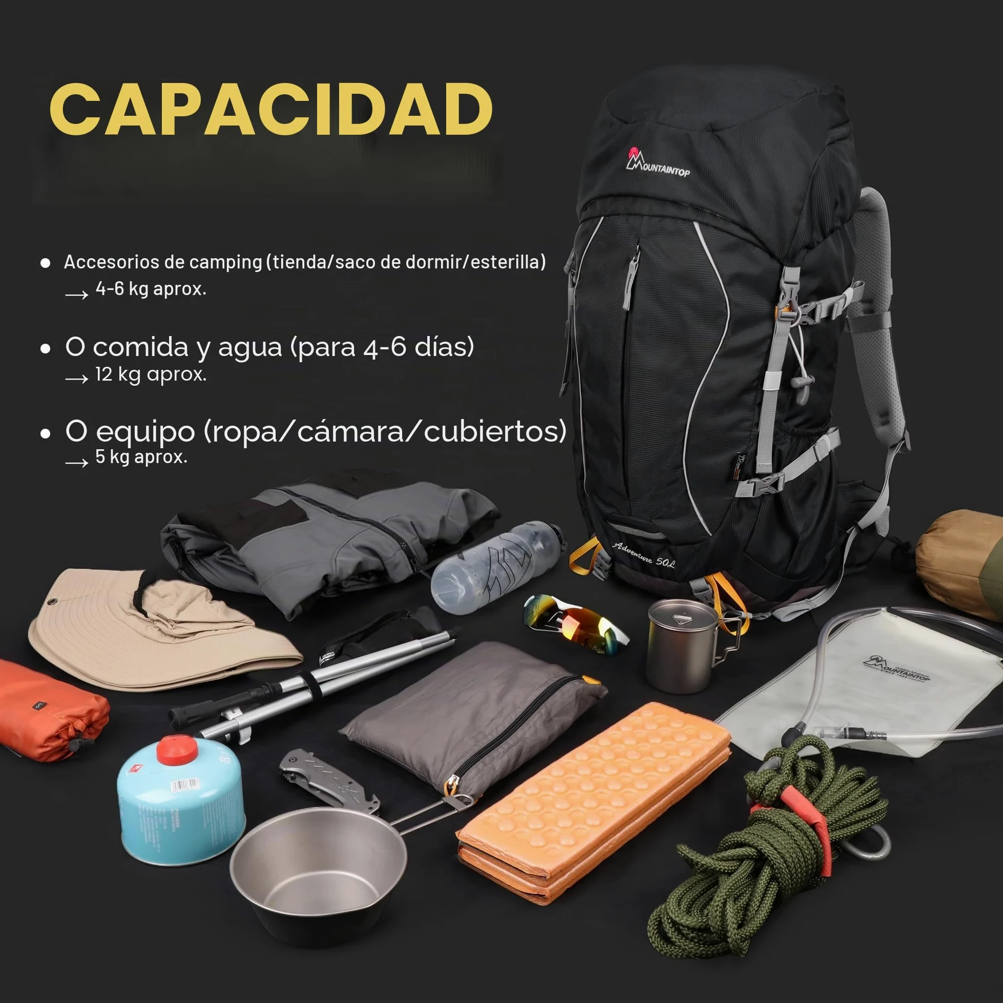 MOUNTAINTOP Mochila Trekking 50L Hombre Mujer Funda Lluvia | Ideal para senderismo montaña acampada y viajes de varios días, cremalleras YKK, soporte lumbar cinturón acolchado