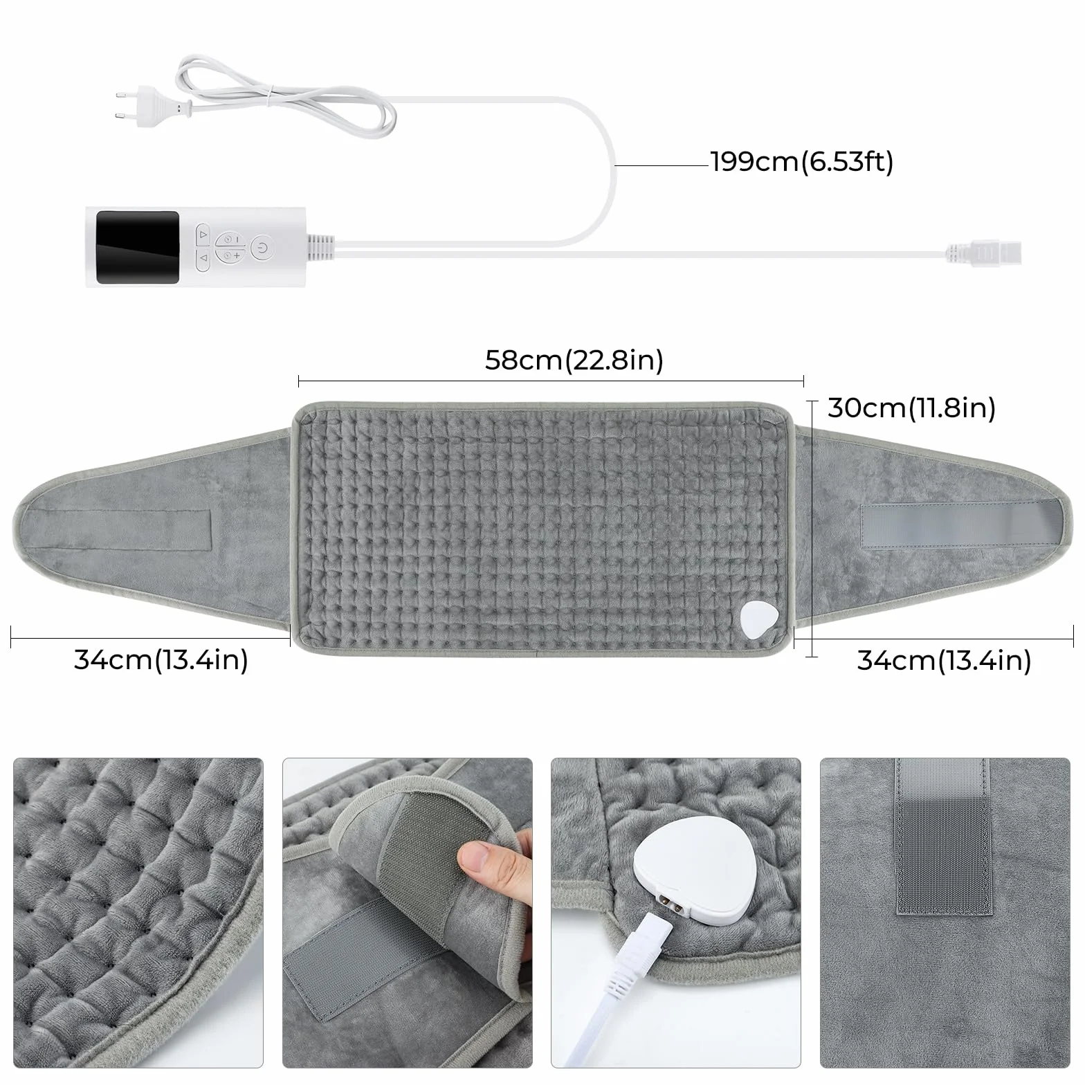 Almohadilla Térmica Eléctrica 9 Niveles Calefacción 4 Temporizadores Calentamiento Rápido 30x126cm