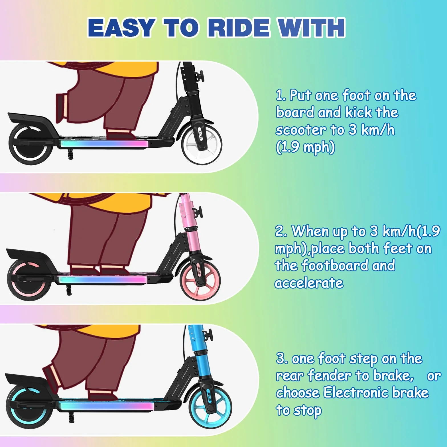 RCB R12 Patinete Eléctrico Niños para 6-12 años, hasta 15 km/h y 10 km, 6.5" Plegable Patinete Eléctrico,Luces de Arco Iris, Dos Tipos Frenos, Pantalla LED, Regalos para Niños