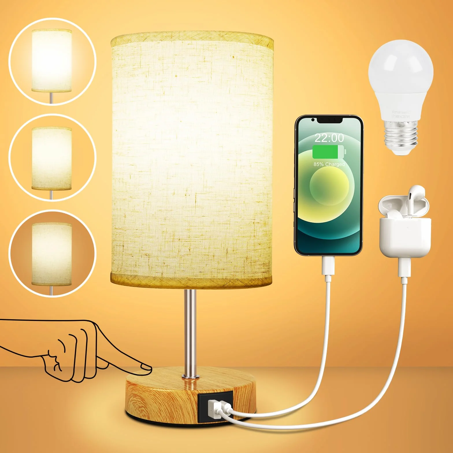 Suright Lámpara de Mesa Táctil Regulable con Puertos USB A+C, Pantalla de Tela de Lino, Bombilla Incluida