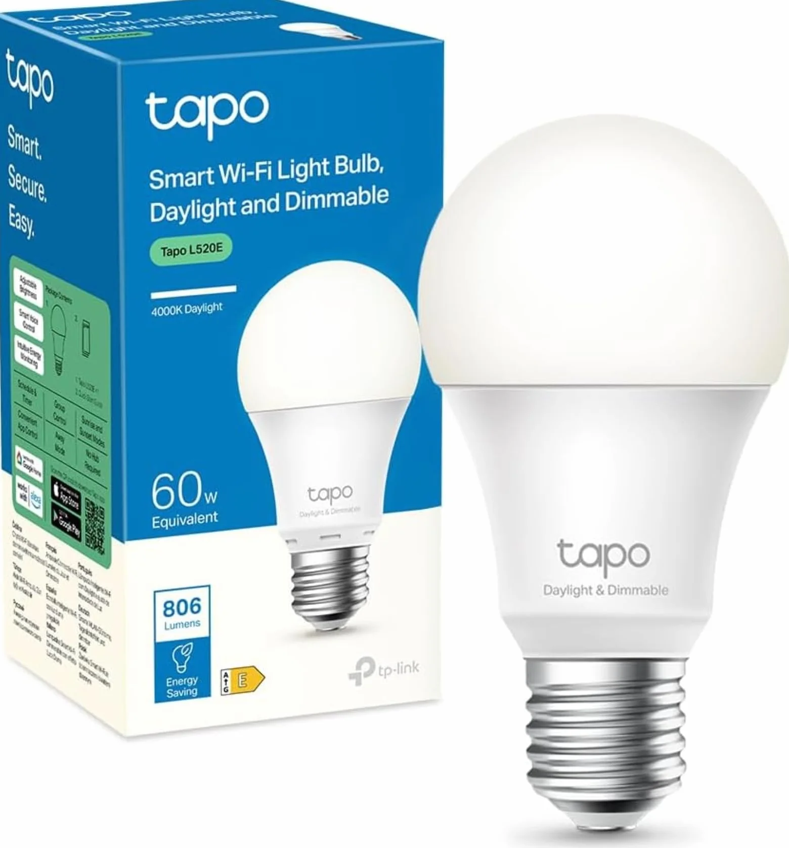 Tapo TP-Link L520E Bombilla LED Inteligente WiFi E27 8.7W 806lm Blanco Neutro 4000K Regulable Compatible Alexa
