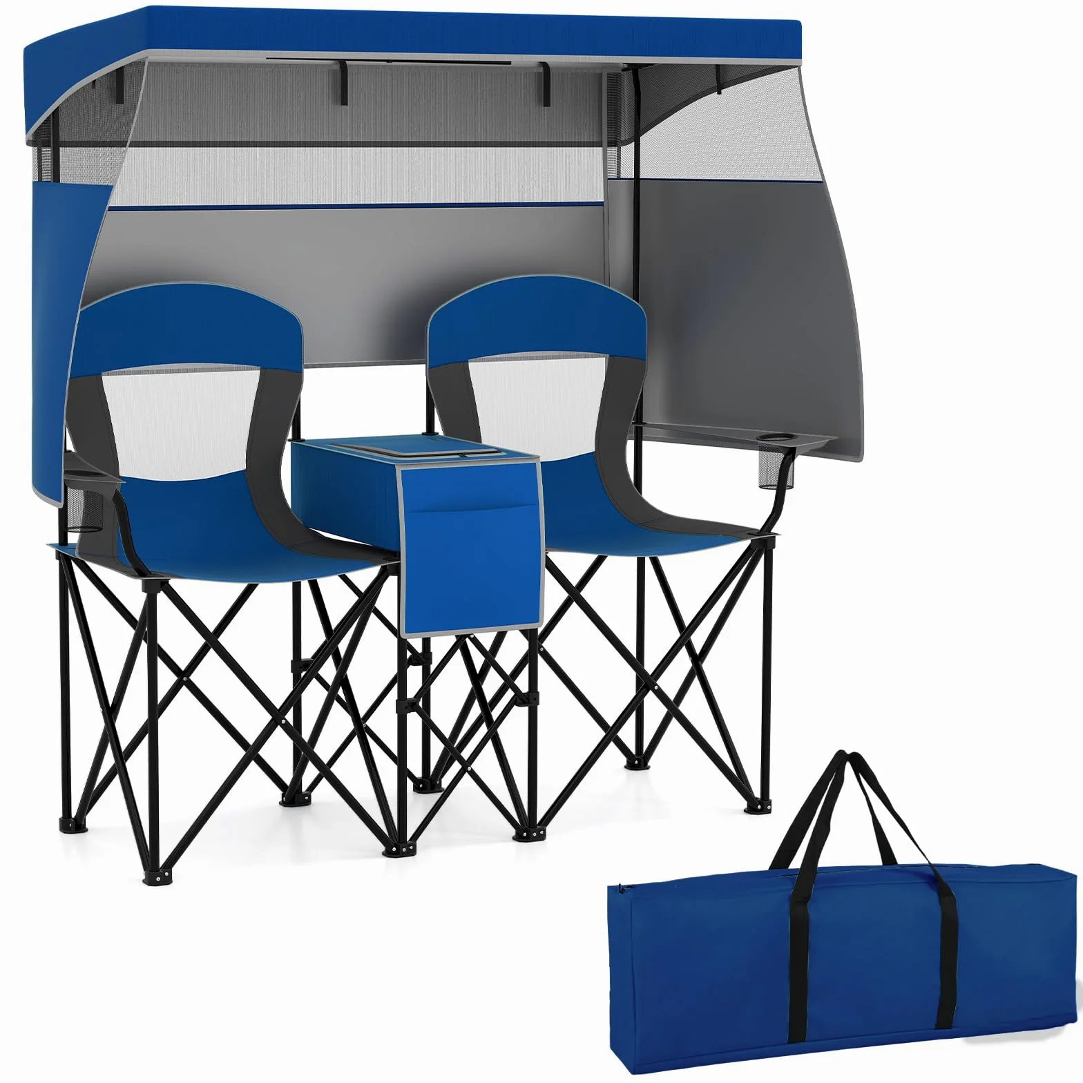 GOPLUS Silla de Playa con Dosel Ajustable, Silla Plegable de Camping Sobredimensionada con Sombra Enrollable, Bolsa Enfriadora, Portavasos, Bolsa de Transporte, para 2 Personas (Azul)