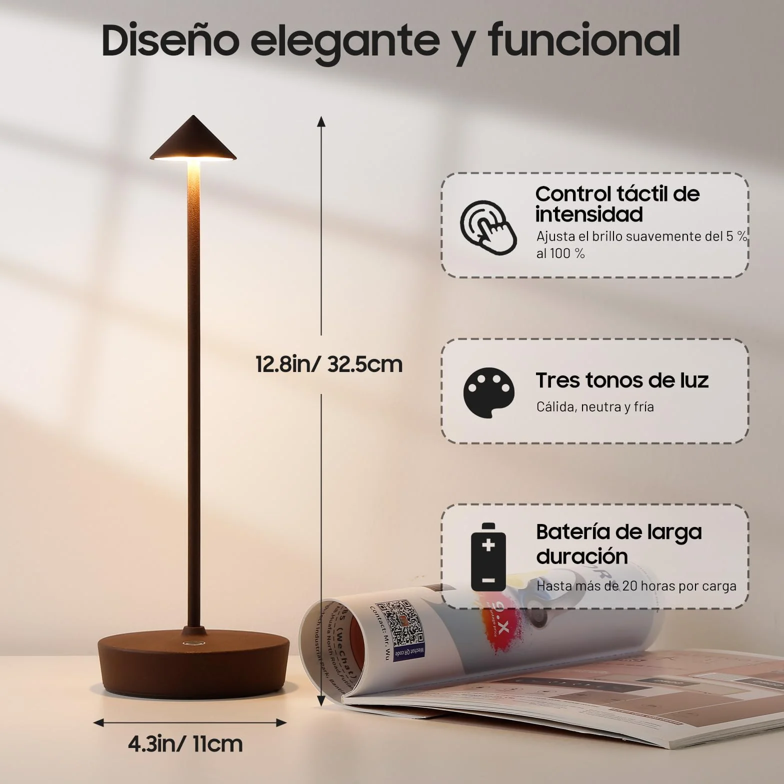 Lámpara de Mesa LED Recargable 6000mAh IP54 3 Modos de Luz Brillo Regulable Táctil