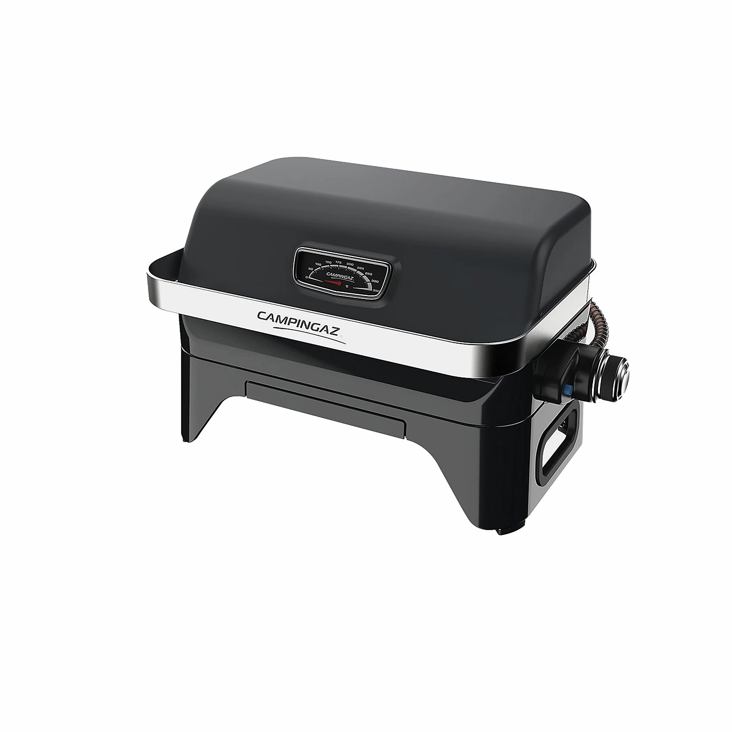 CAMPINGAZ Barbacoa de gas Attitude2go CV, barbacoa de mesa de bajo humo, BBQ de gas portátil, con tapa, termómetro, y rejilla de hierro fundido, fuente de alimentación: cartucho de gas CV 470 Plus