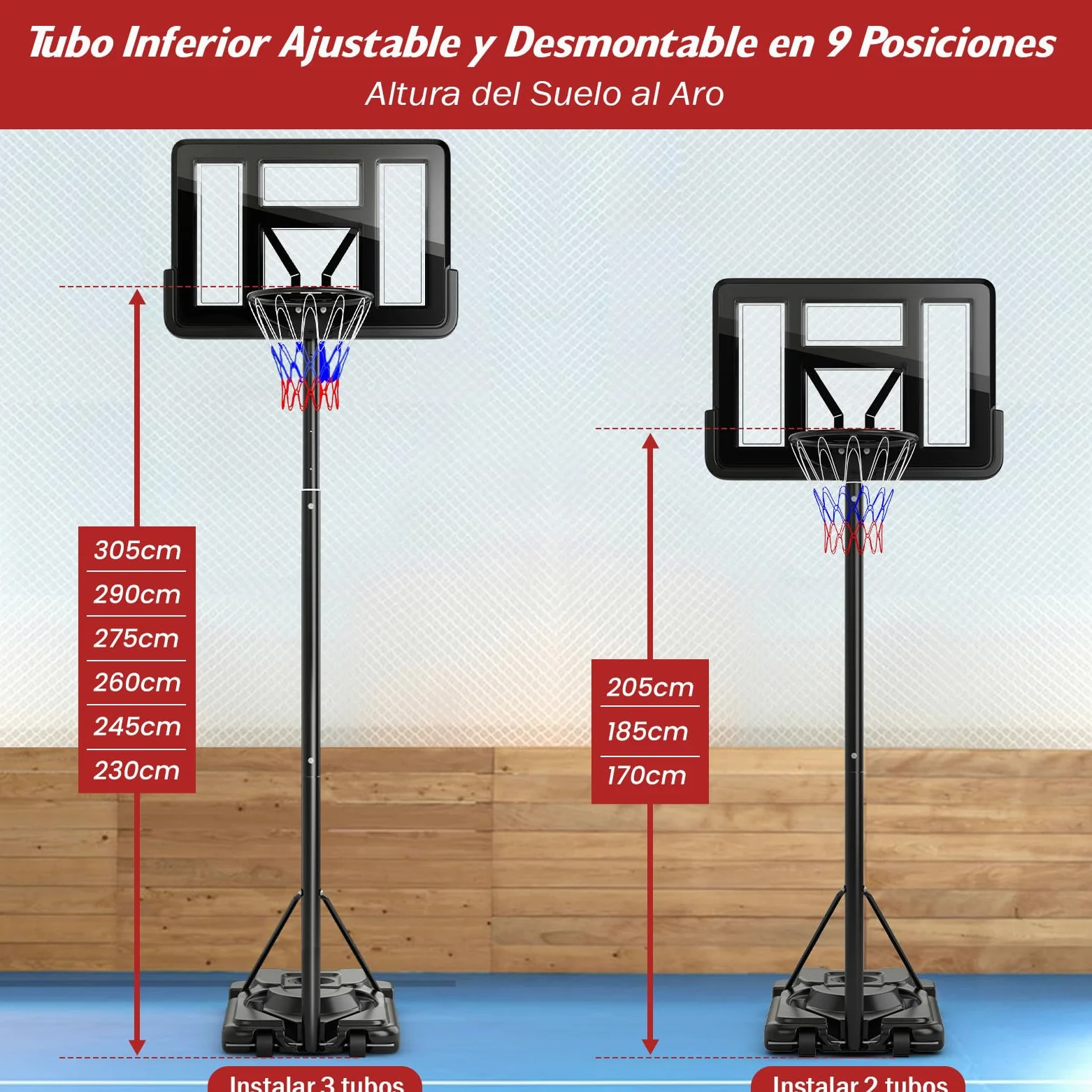 COSTWAY Canasta de Baloncesto Adultos, Altura Ajustable de 9 Niveles, 230-305cm, Aro Baloncesto Exterior con Ruedas, Canasta de Baloncesto Interior Exterior