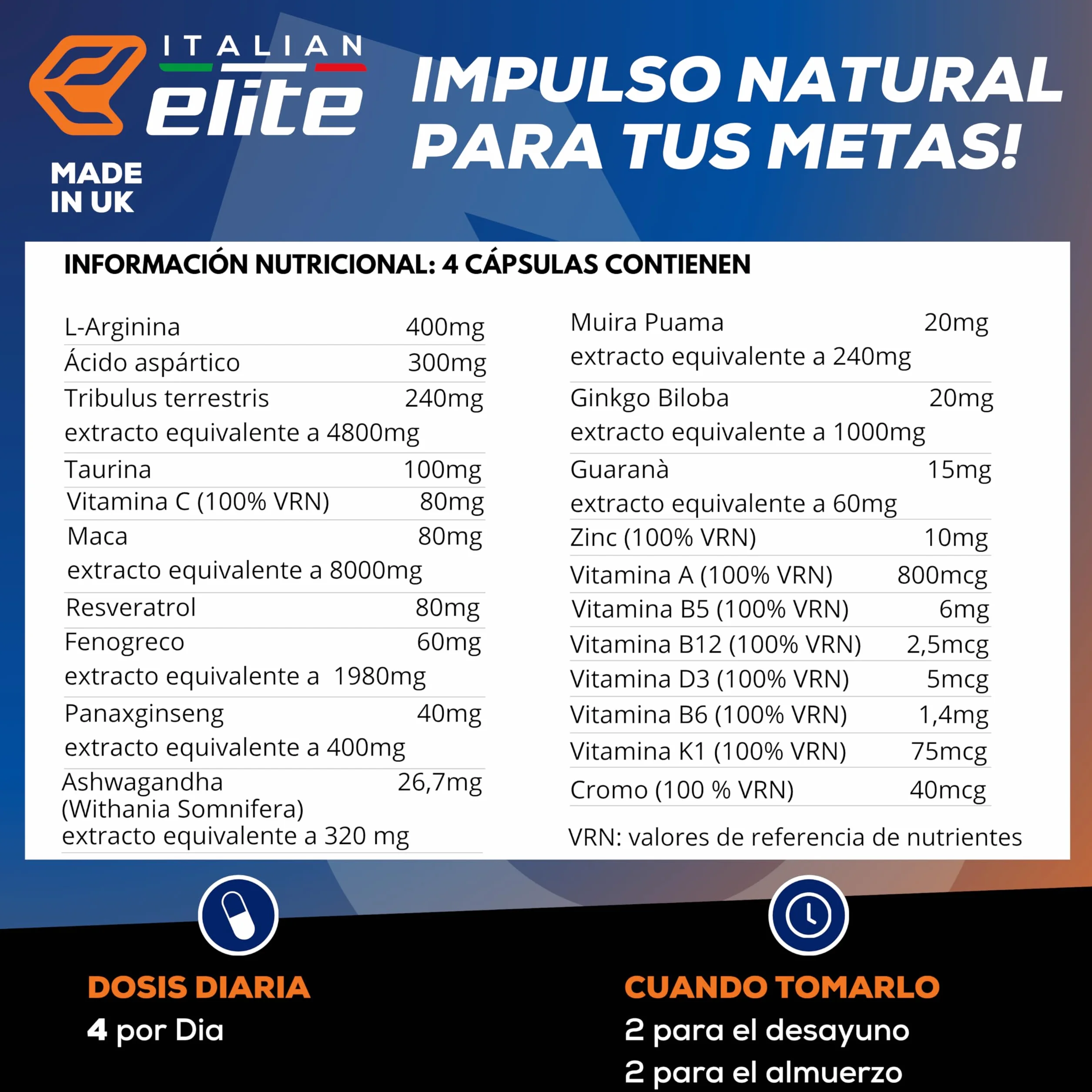 Italian Elite Testo Complex 120 Cápsulas - Maca 8000 mg, Tribulus, Fenogreco, Zinc, Arginina, Taurina, Ashwagandha, Vitaminas y Minerales