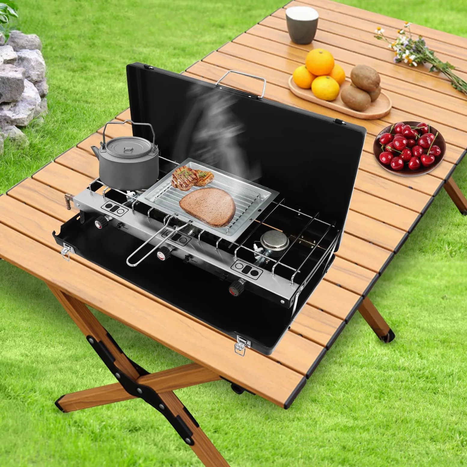 Cocina de gas portátil de 3 llamas, hornillo de gas para camping, estufa de gas portátil con encendido piezoeléctrico, estufa de camping portátil para camping, barbacoas, fiestas