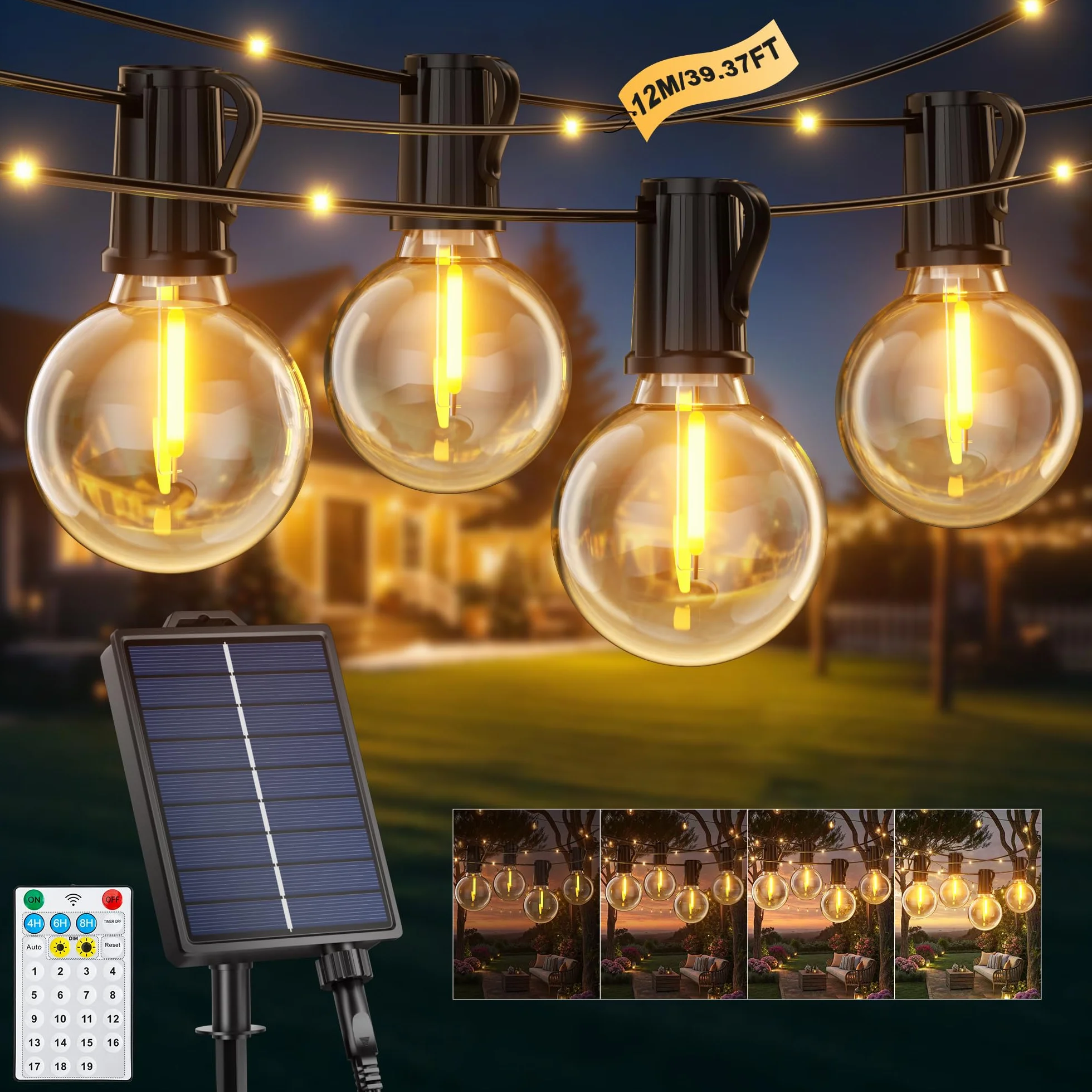 Guirnaldas Luces Exterior Solar 12M 39.4Ft Lámparas Solares de Jardín con 14+1 G40 Bombillas 26 Perlas LED 19 Modos Impermeable