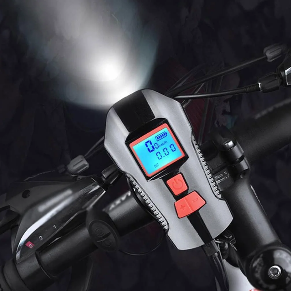 Juego de Luces USB para Bicicleta, Paquete de 2, Faro de Bicicleta Impermeable con Bocina y Cuentakilómetros Velocímetro, 4 Modos 6 Efectos de Sonido de Altavoz