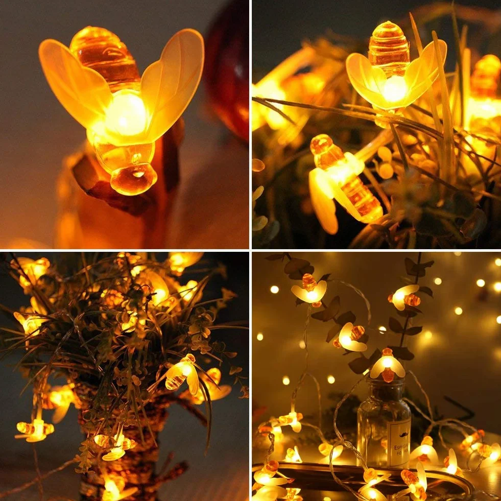 Augone Guirlande Lumineuse Solaire Extérieur 50 LED Abeille 7M 8 Modes Éclairage Étanche IP65 Blanc Chaud