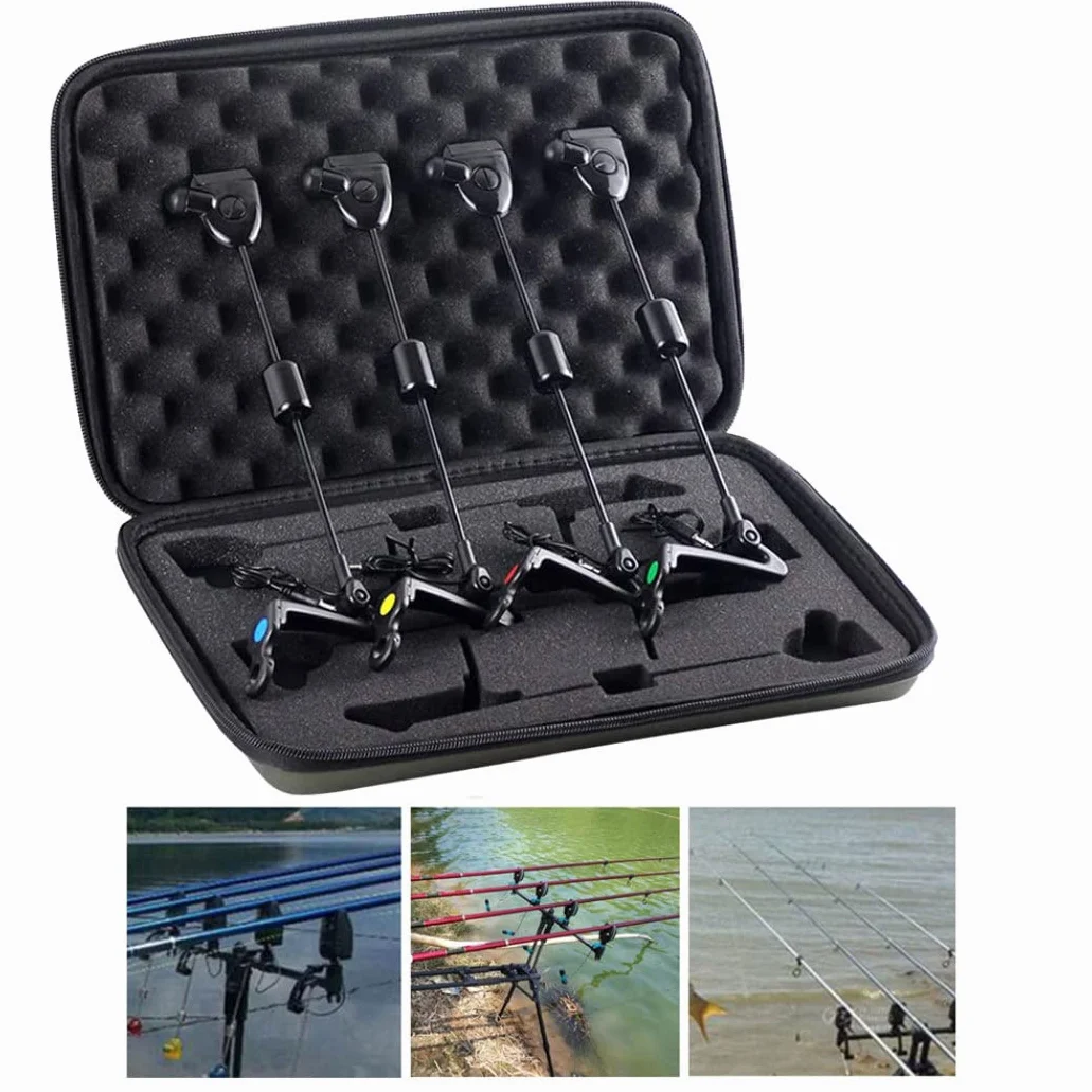 NIDONE Alarma de mordedura indicadora iluminada de Pesca, Alarma de Pesca LED Indicador Iluminado Herramientas de Pesca de Carpas Accesorio en Estuche con Cremallera Negro 4pcs