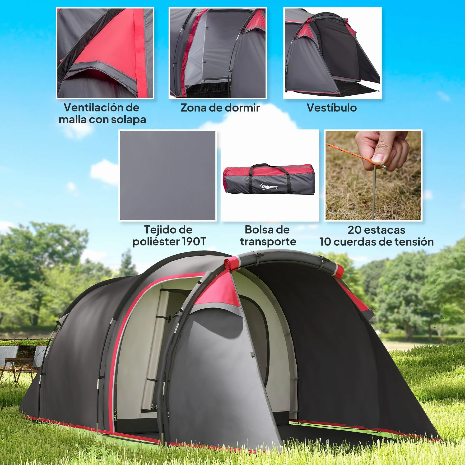 Outsunny Tienda de Campaña Familiar Tipo Túnel 2-3 Personas Plegable Impermeable 2000+ mm a Prueba de UV 20+ Ligero con Vestíbulo y 4 Estaciones para Camping Senderismo 426x206x154 cm