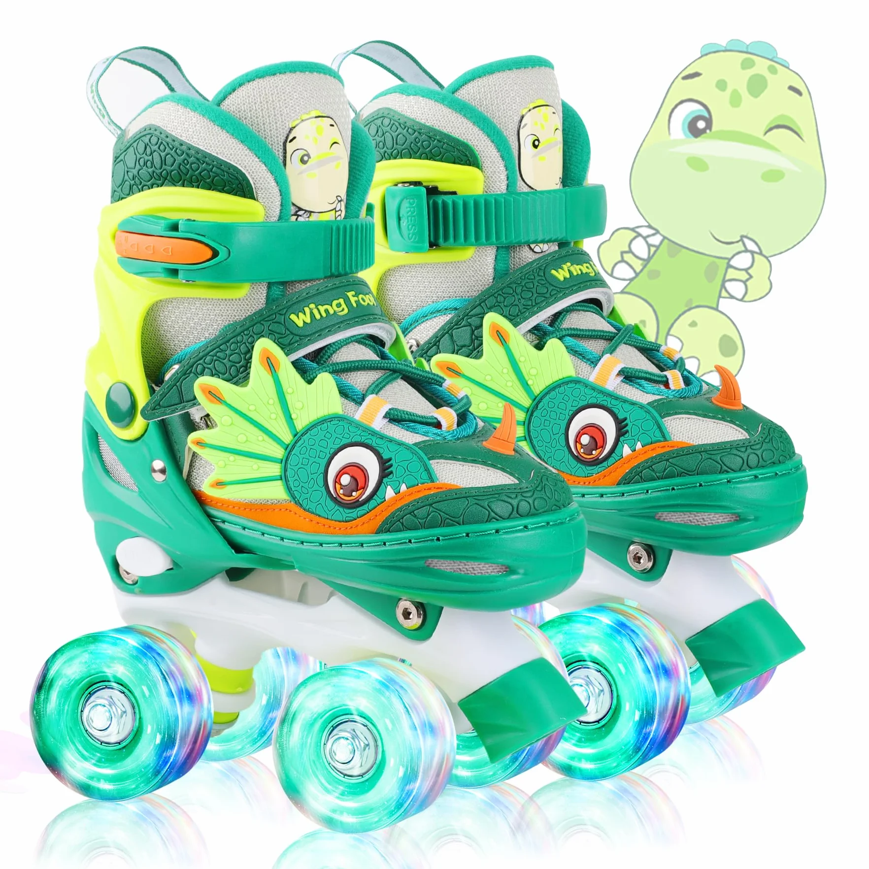 Patines para Niños Ajustables 4 Ruedas con Ruedas Luminosas Dinosaurio Quad Principiantes