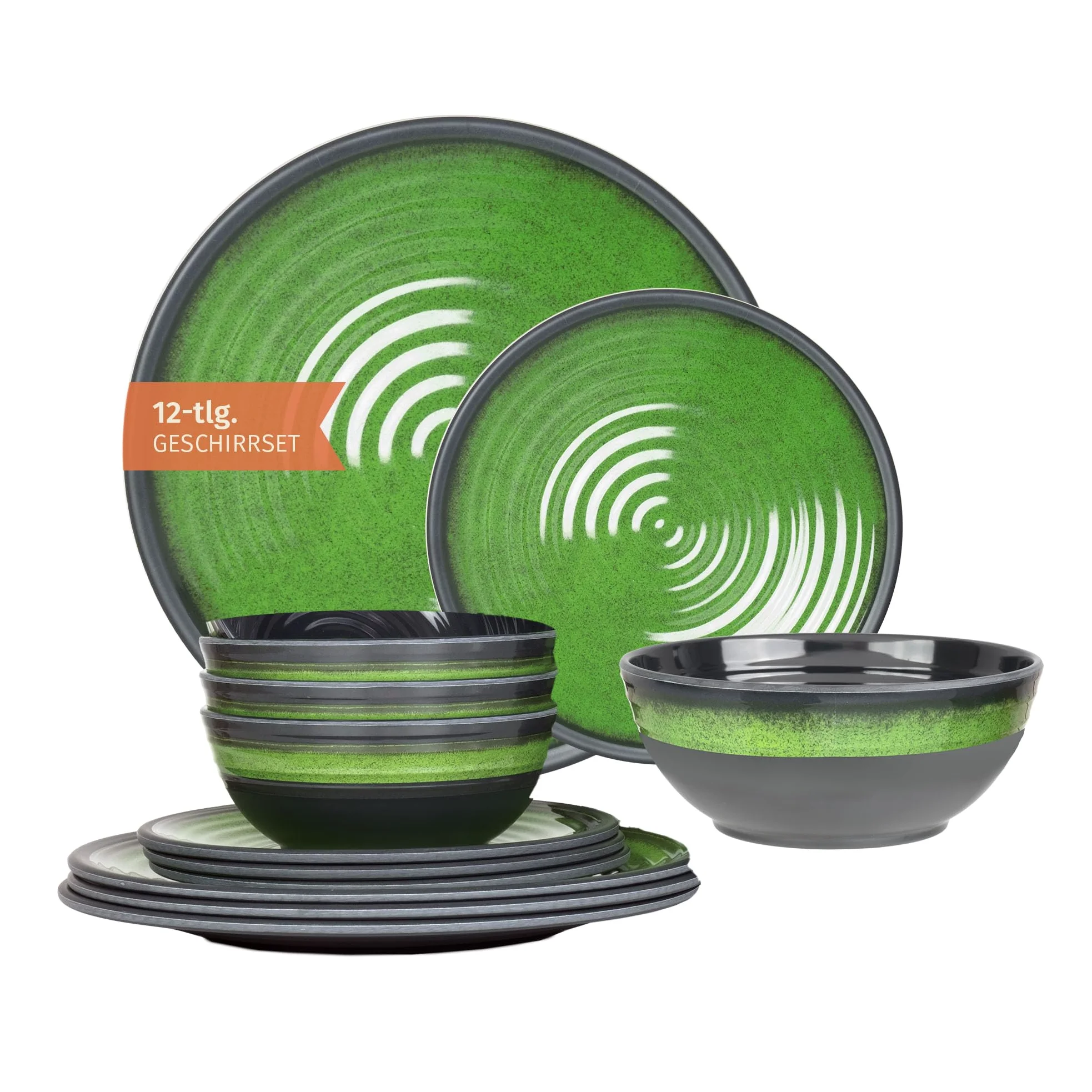 Moritz Vajilla de melamina para camping para 4 personas, 12 piezas, apta para lavavajillas, vajilla de pícnic, vajilla de camping, diseño de piedra verde