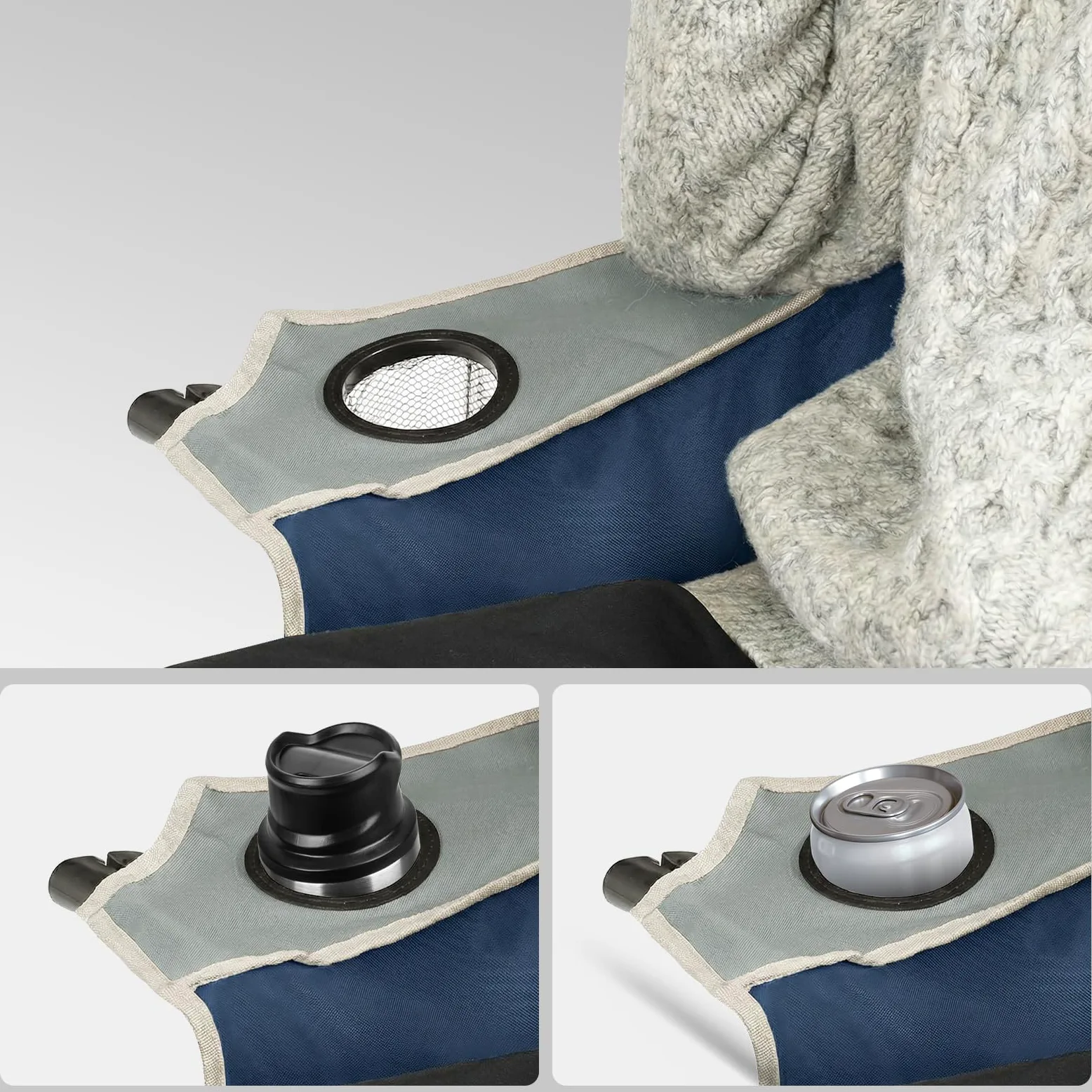 LARMNEE Sofá de Camping Plegable con 2 Portavasos, Sofá Doble de Camping, Ancho 50 cm, Silla Plegable con Carga de 200 kg, para 2 Personas, con Bolsa de Transporte, Pesca, Azul y Gris EBU03LC02