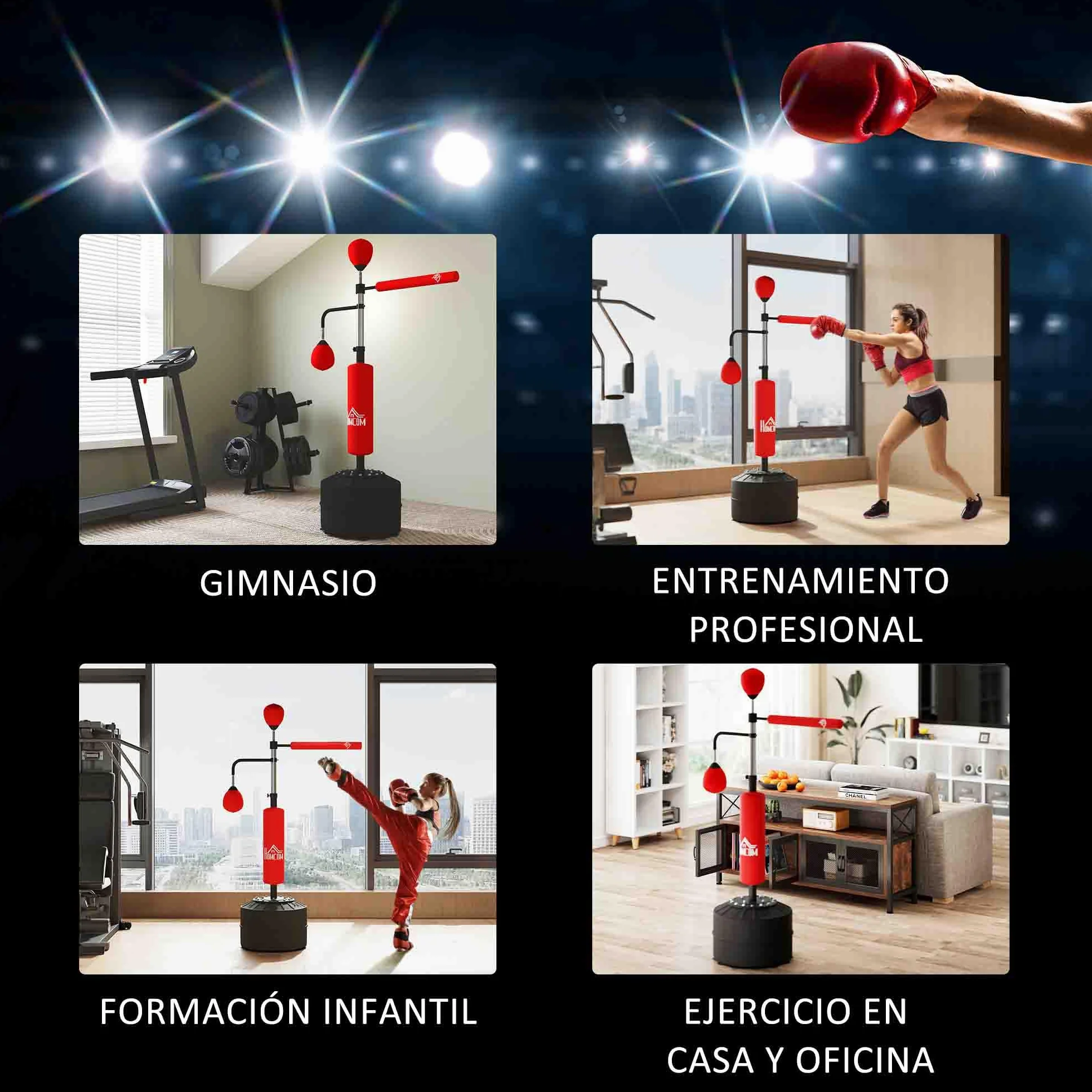 HOMCOM Saco de Boxeo de Pie 160-230 cm 360° Barra Giratoria 2 Bolas de Velocidad Base Rellenable Punching Ball Adultos Niños MMA Muay Thai