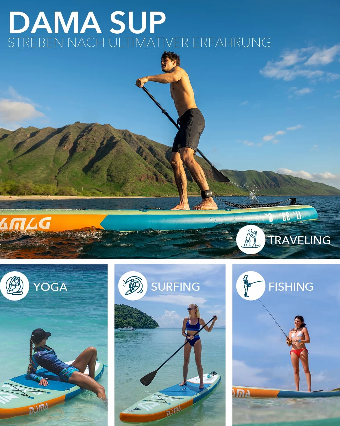 DAMA 12'2''*34''*6''/14'*45"*8" Tabla de remo para pareja y tabla de sup familiar Tabla de remo grande Tabla de remo inflable ancha Tabla de pesca de gran tamaño para muchas personas con 2 pares 4 piezas Kayak Paddle