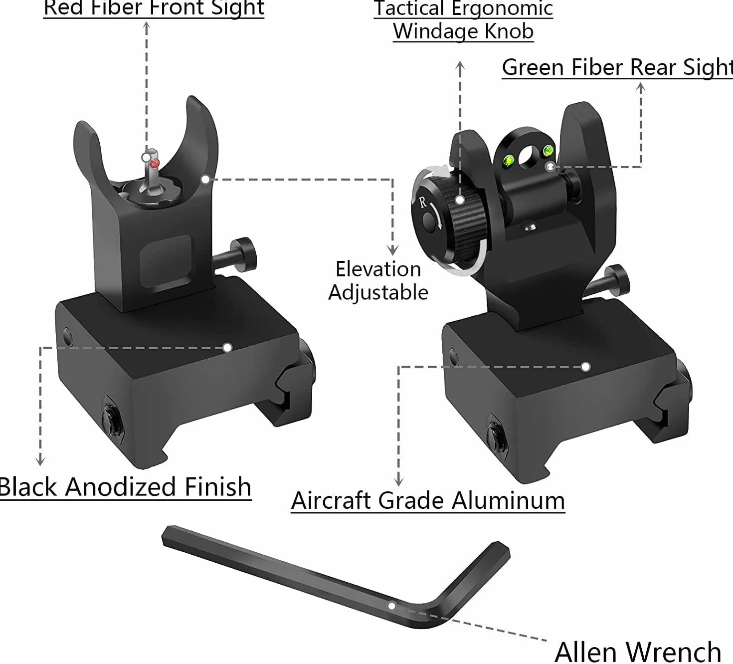 FIRECLUB Tactical Front and Rear Folding Flip up Iron Sights for Hunting (Black with glass fibre)