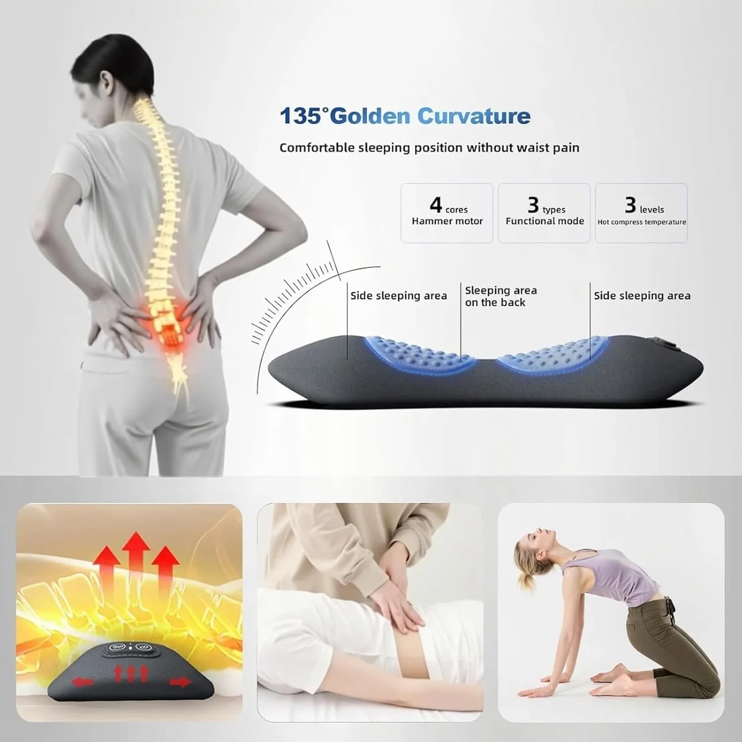 Masajeador Eléctrico 3 en 1 para Ciática, Tracción, Vibración y Calor, Soporte Lumbar Ergonómico Negro