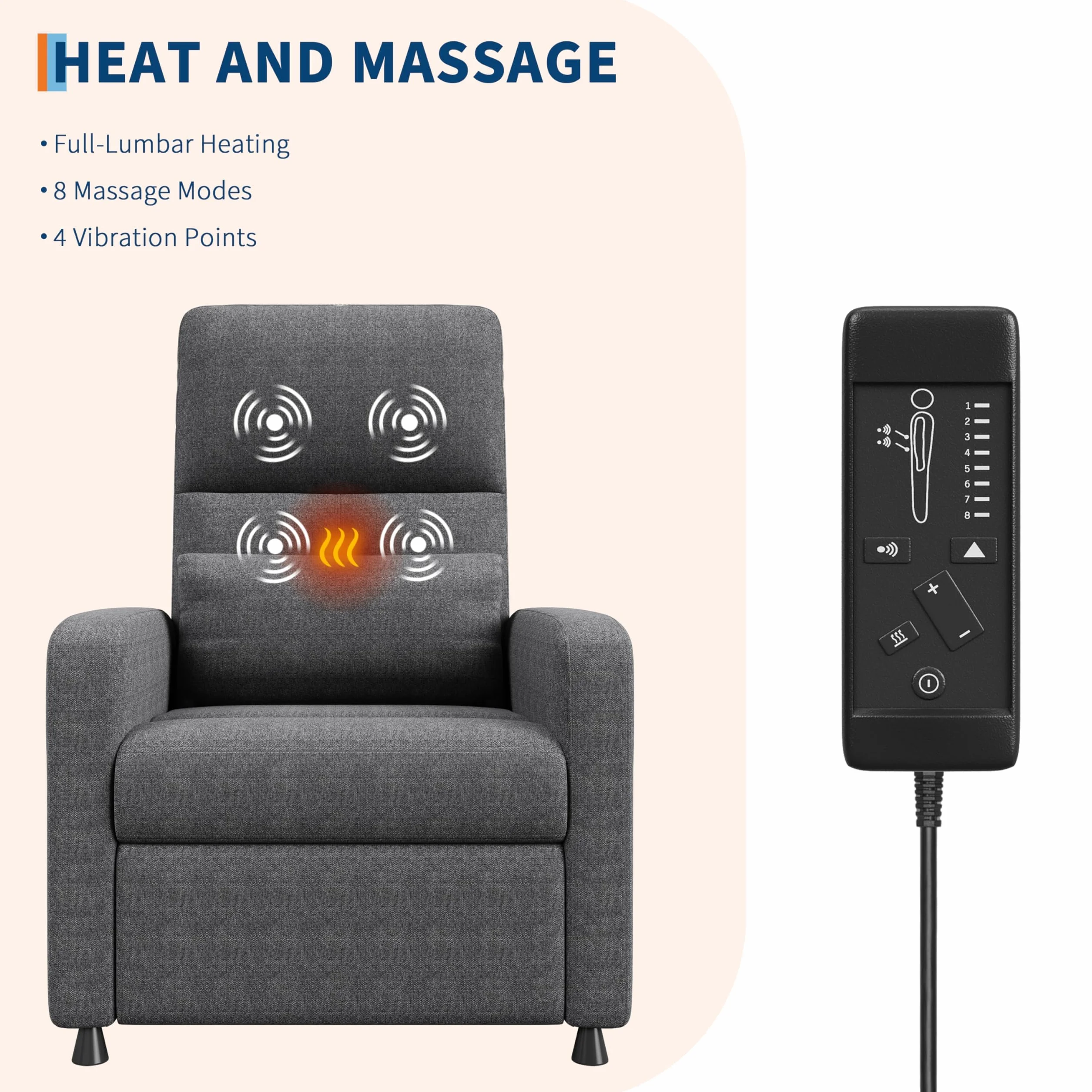 Sillón Eléctrico Reclinable con Masaje y Calor, Asiento de Lino, Respaldo y Reposapiés Ajustables 165°, Puerto USB, Soporte Lumbar