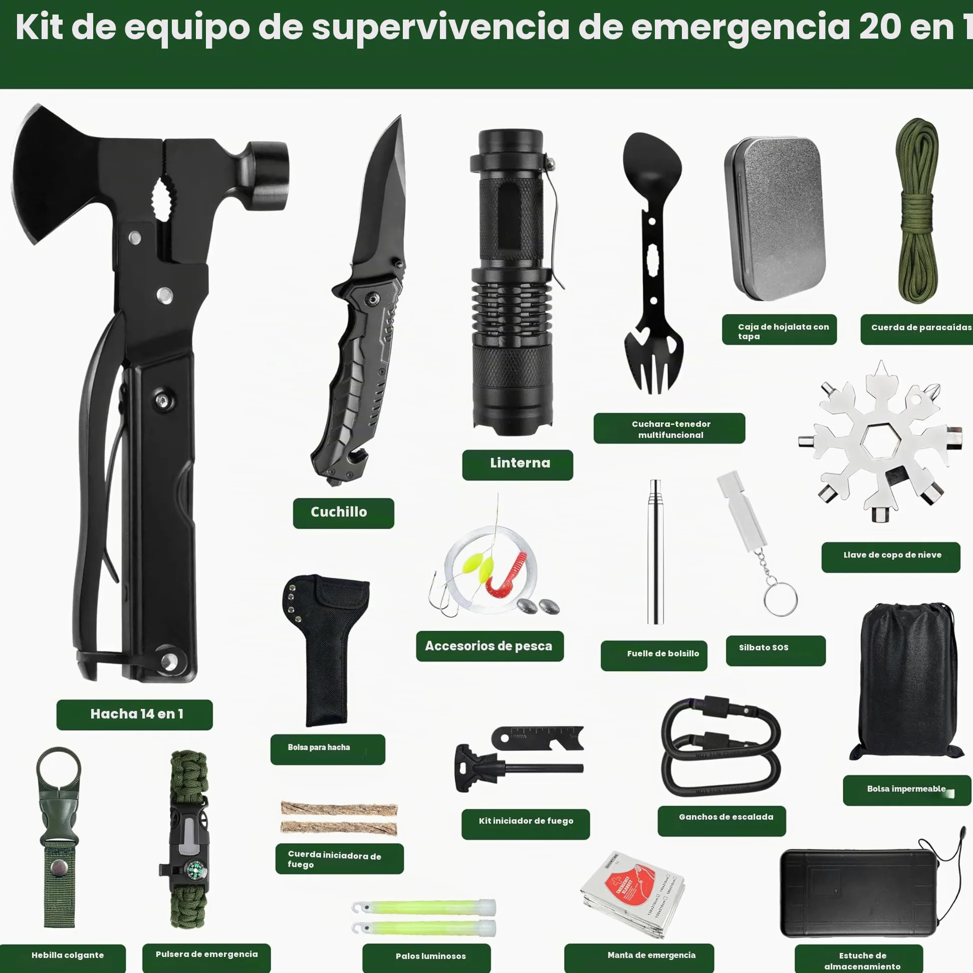 Kit de supervivencia 20 en 1, equipo de emergencia, kit de supervivencia militar de alta calidad, paquete de supervivencia, mochila de emergencia llena, equipo para exteriores, set de supervivencia