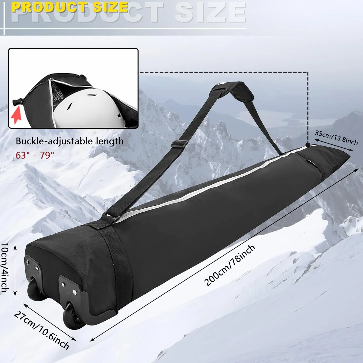 Bolsa de snowboard con ruedas, bolsa de almacenamiento impermeable para equipo de esquí, longitud ajustable bolsa de esquí (63-79 pulgadas), bolsa de esquí plegable para tabla, botas, ropa