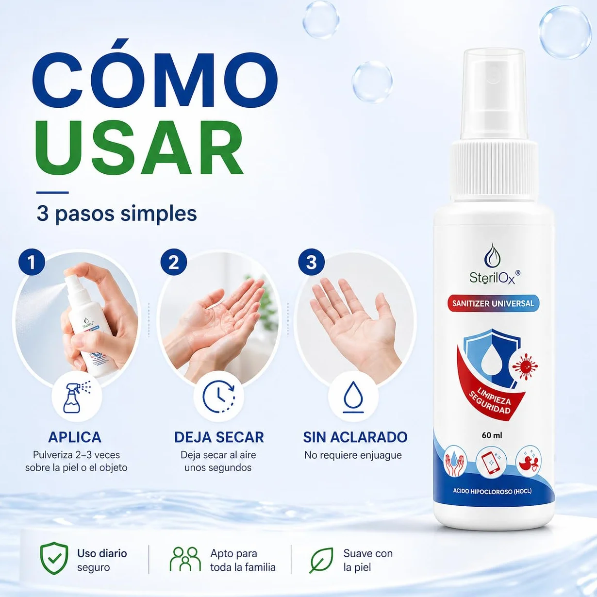 Spray 3 x 60 ml Solución Cosmética con Ácido Hipocloroso para Manos, Juguetes, Utensilios - Seguro para Niños y Mascotas